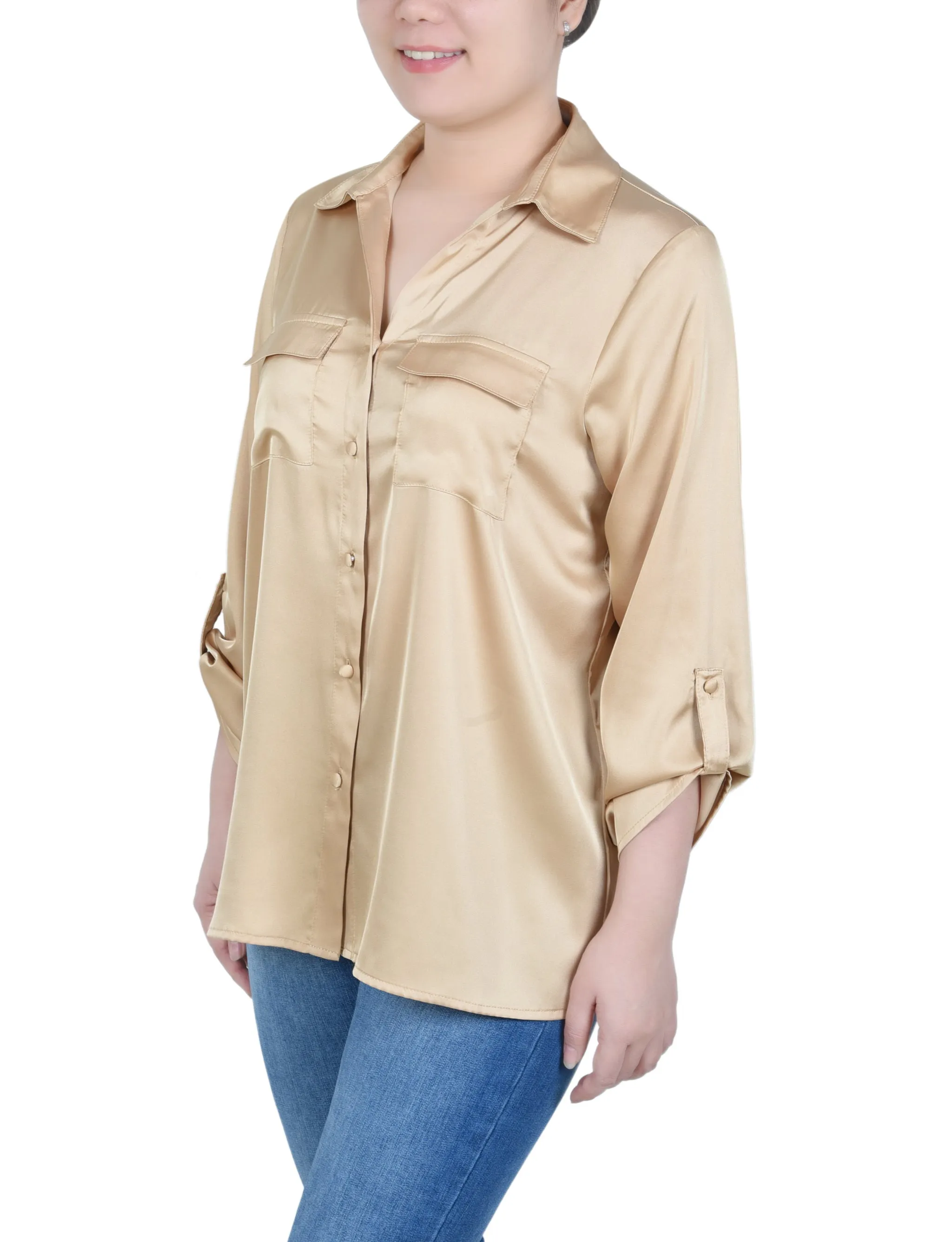 3/4 Sleeve Roll Tab Satin Blouse