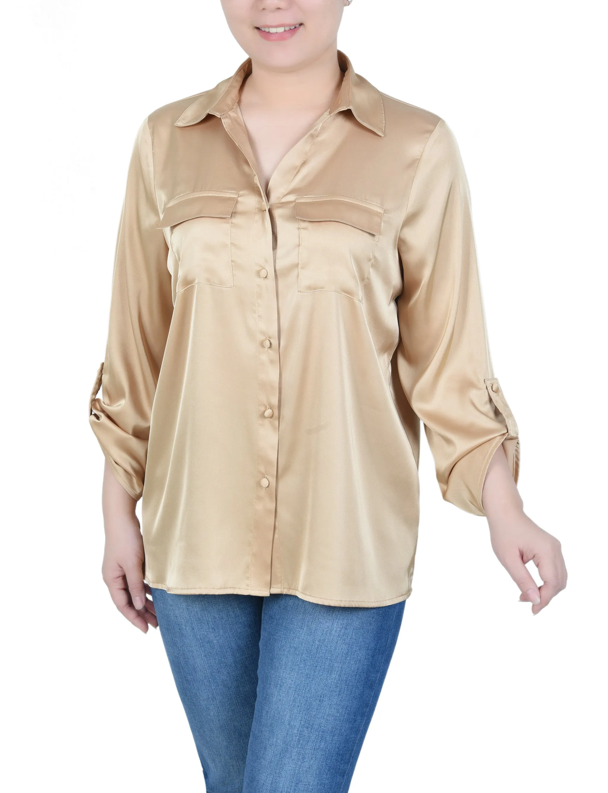 3/4 Sleeve Roll Tab Satin Blouse