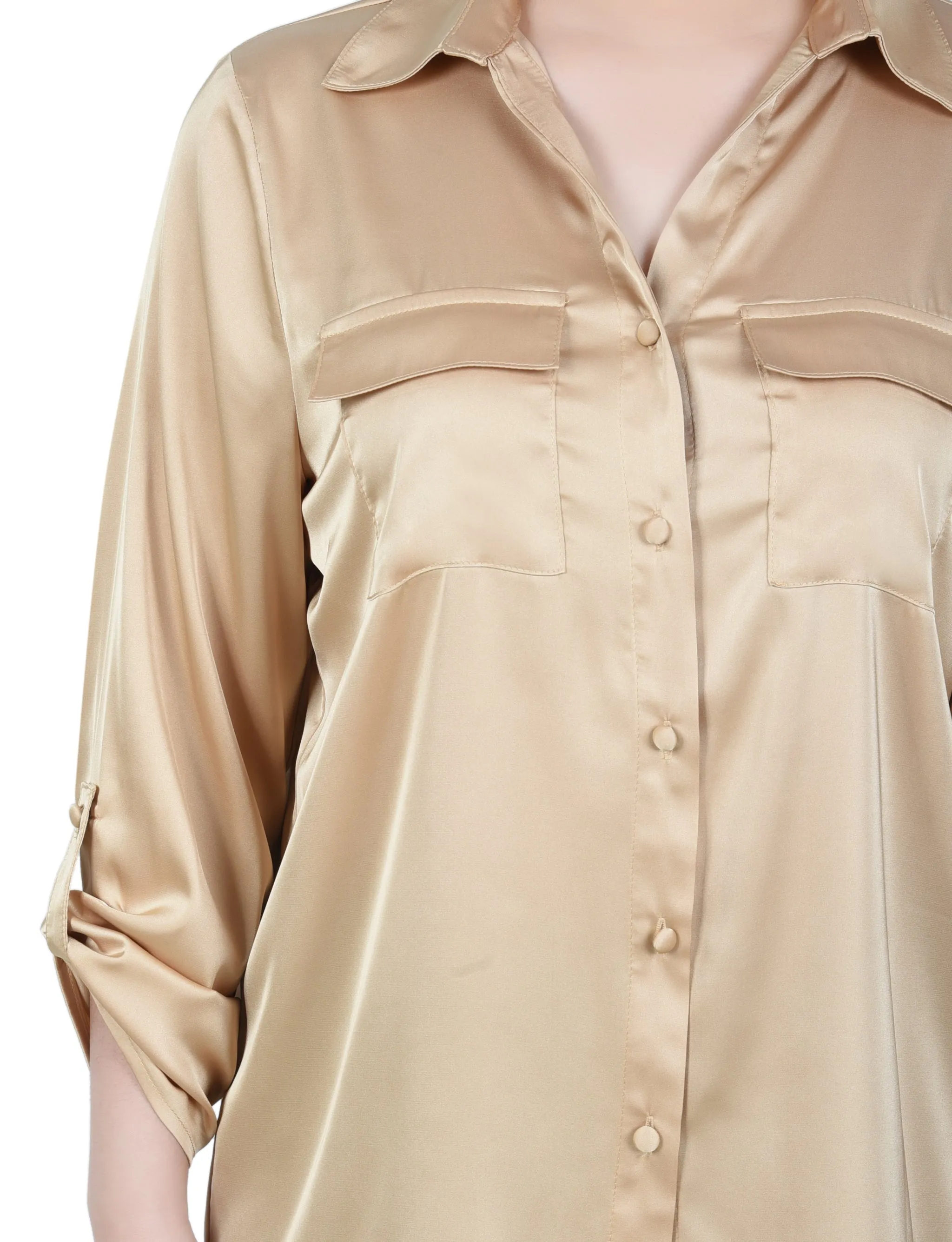 3/4 Sleeve Roll Tab Satin Blouse