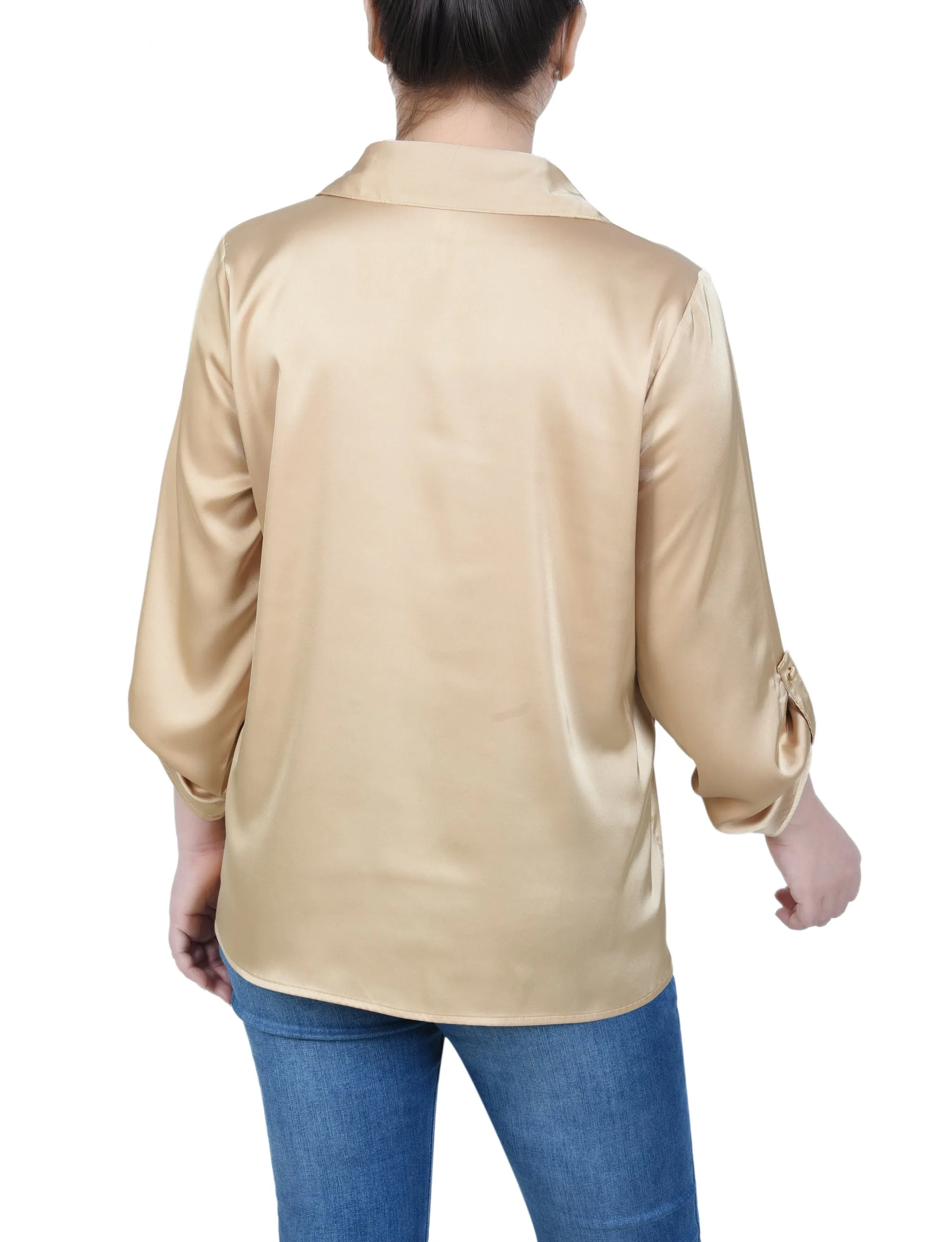 3/4 Sleeve Roll Tab Satin Blouse
