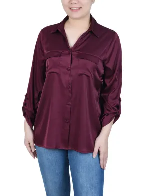 3/4 Sleeve Roll Tab Satin Blouse