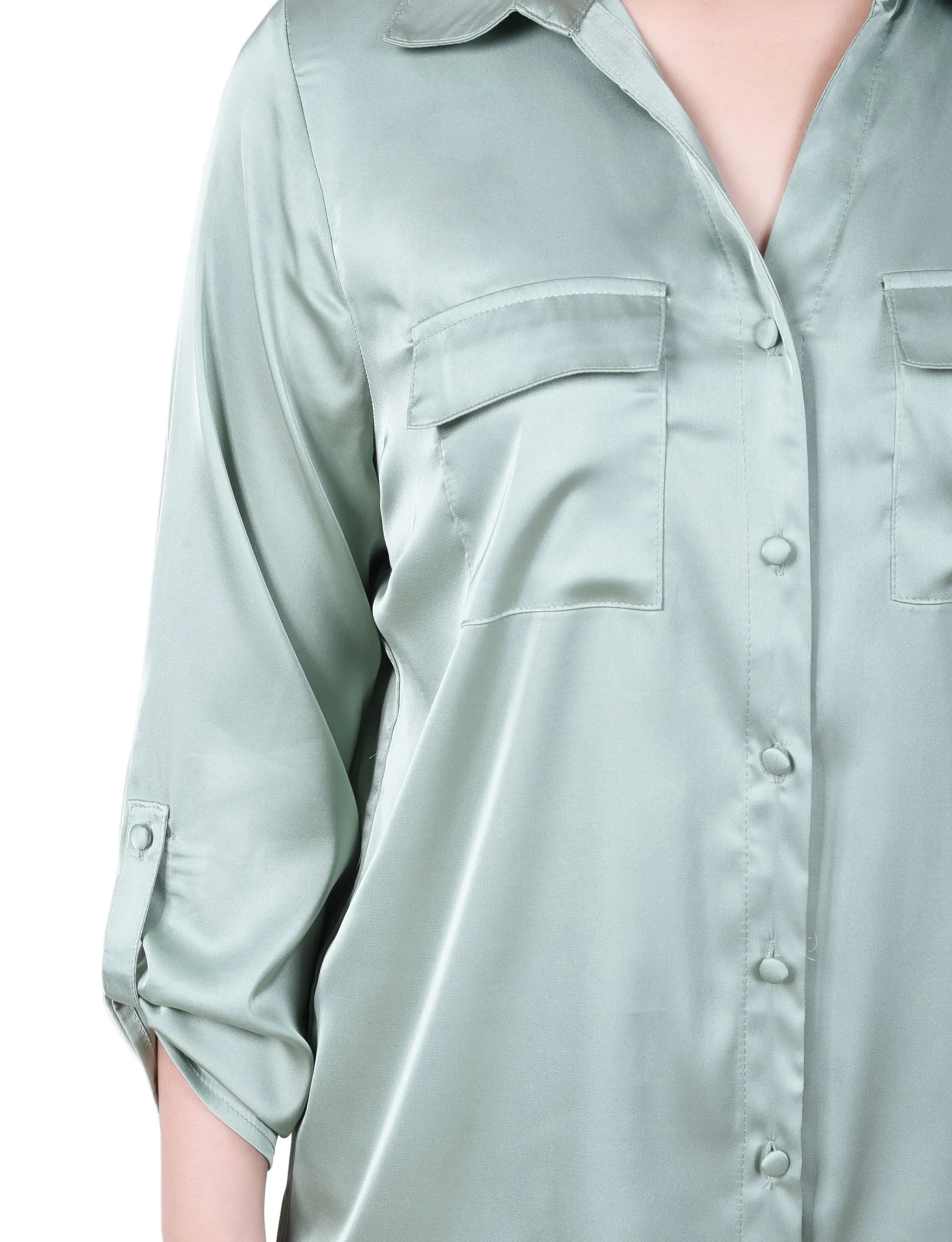 3/4 Sleeve Roll Tab Satin Blouse