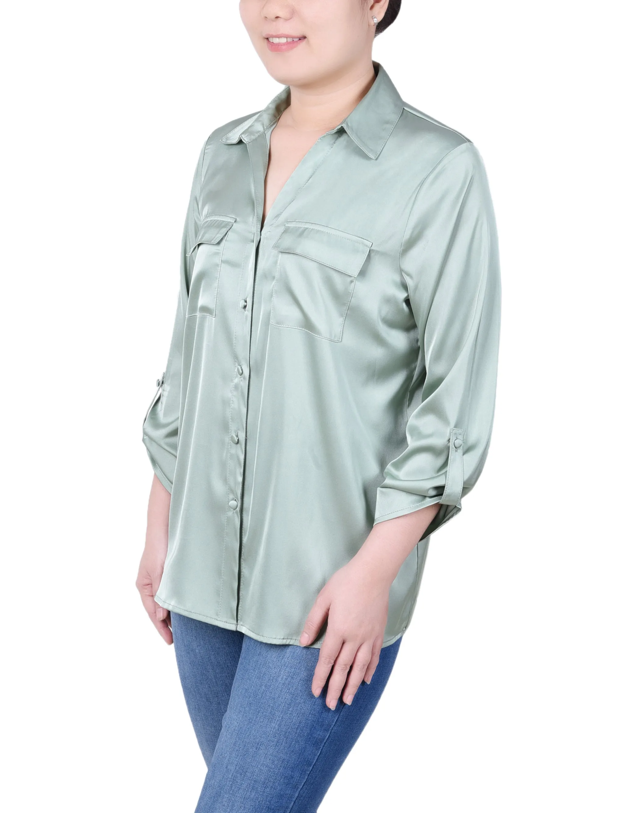 3/4 Sleeve Roll Tab Satin Blouse