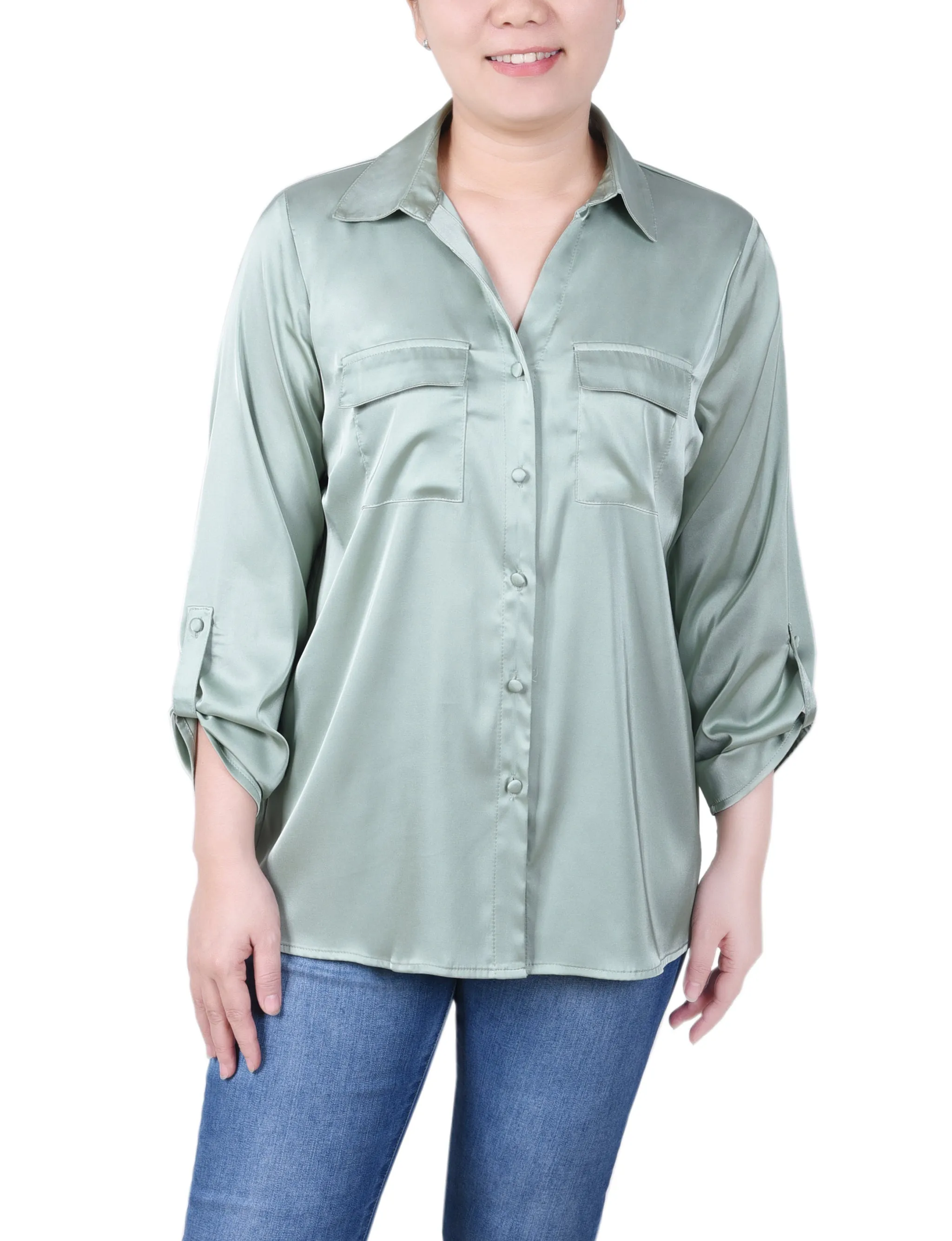 3/4 Sleeve Roll Tab Satin Blouse