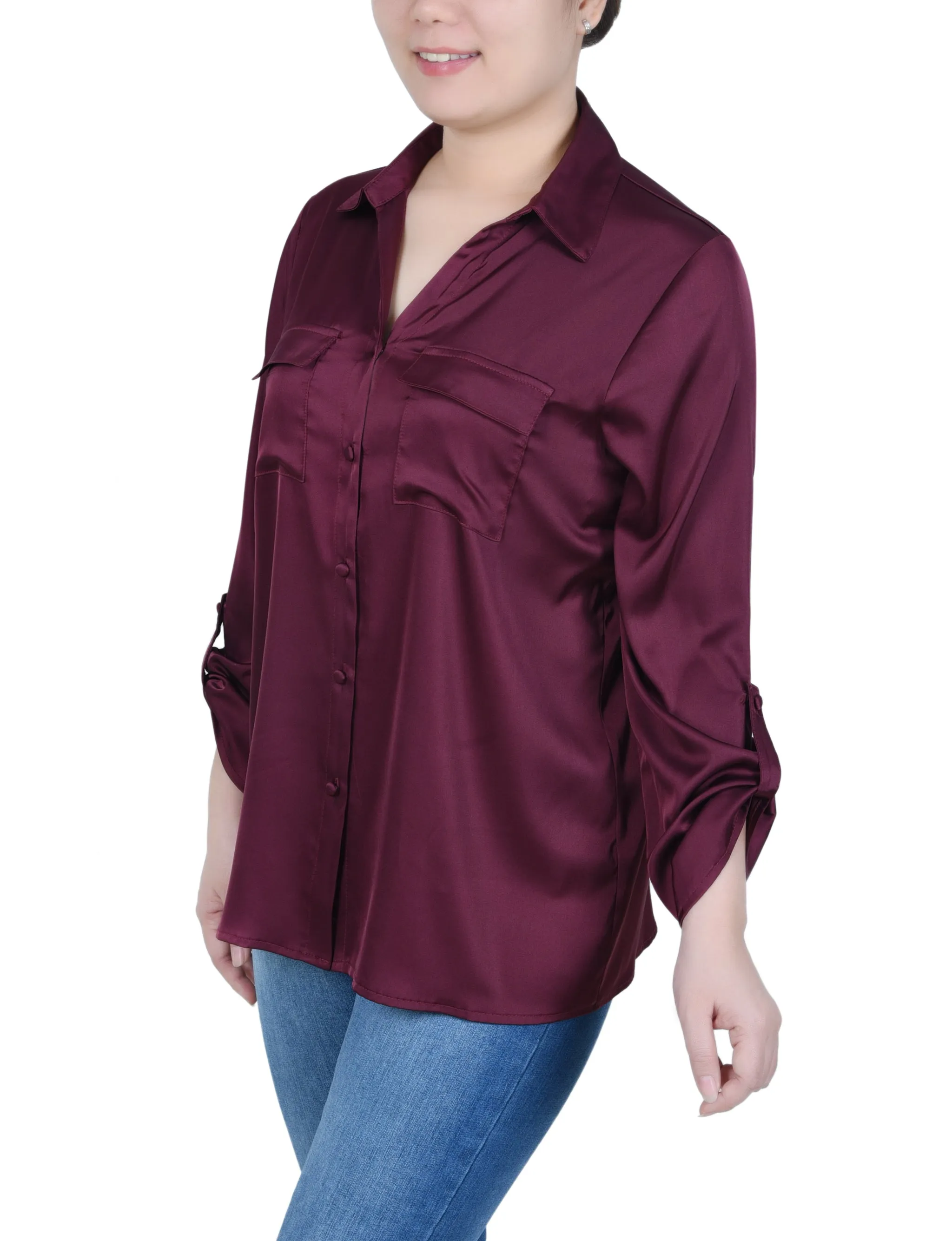 3/4 Sleeve Roll Tab Satin Blouse