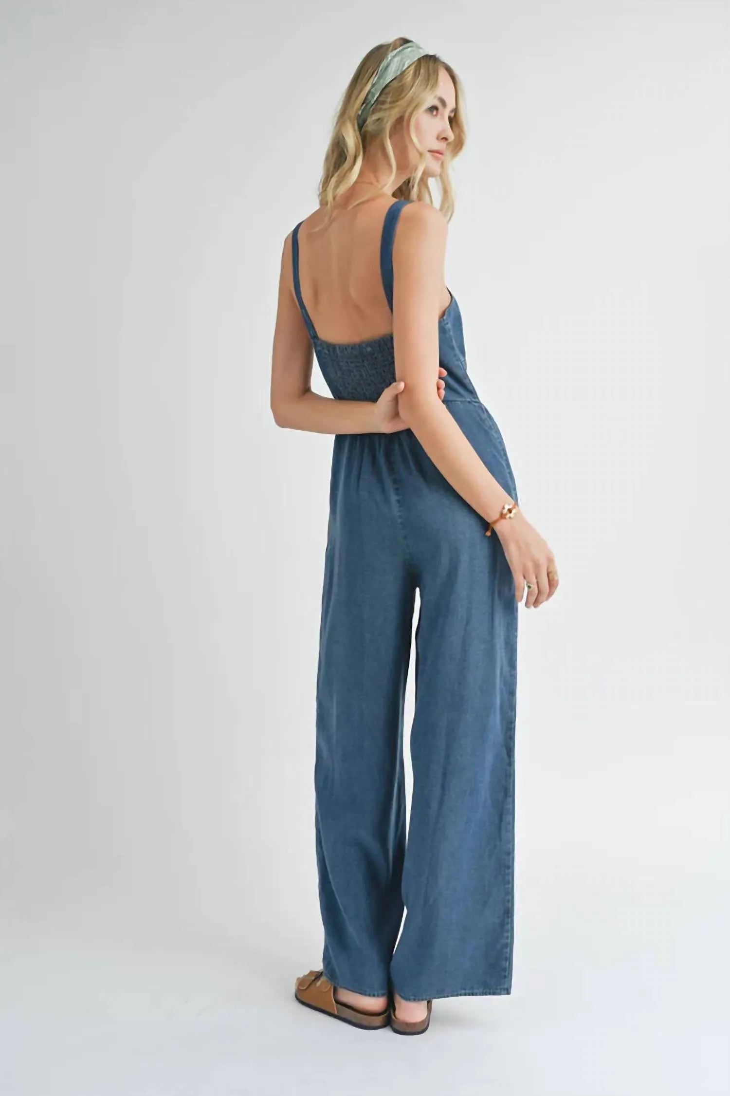 Archives Button Front Jumpsuit In Chambray