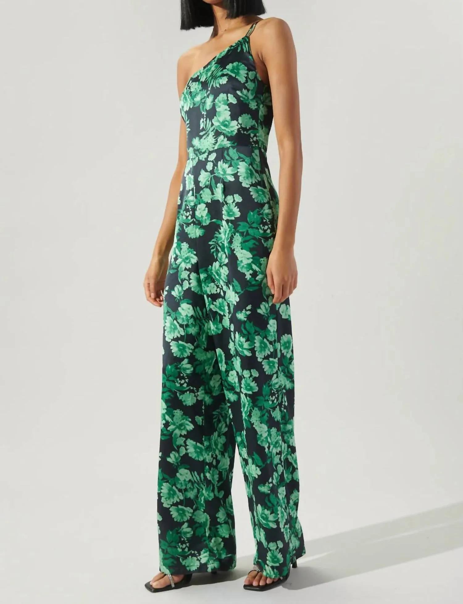 Bonnita One Shoulder Le Disko Satin Jumpsuit In Green-Black