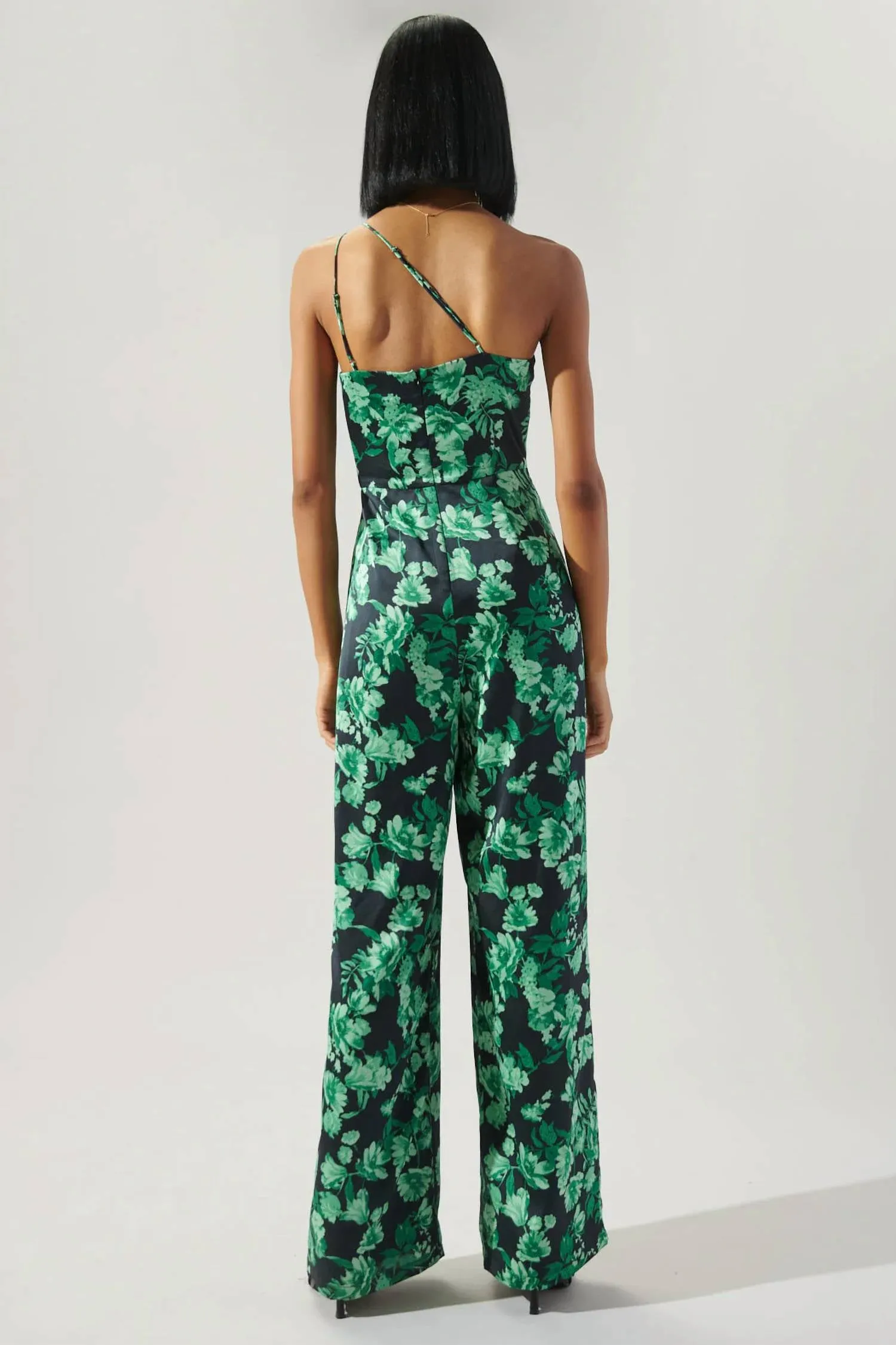 Bonnita One Shoulder Le Disko Satin Jumpsuit In Green-Black