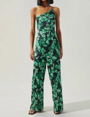 Bonnita One Shoulder Le Disko Satin Jumpsuit In Green-Black