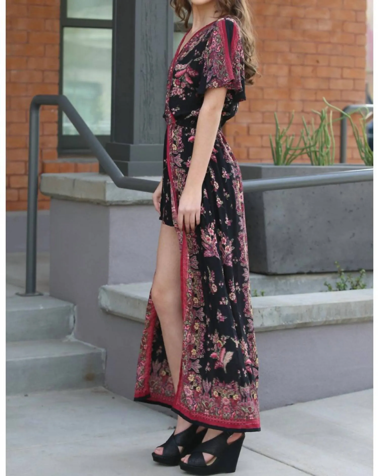 Border & Floral Print Maxi Romper In Black