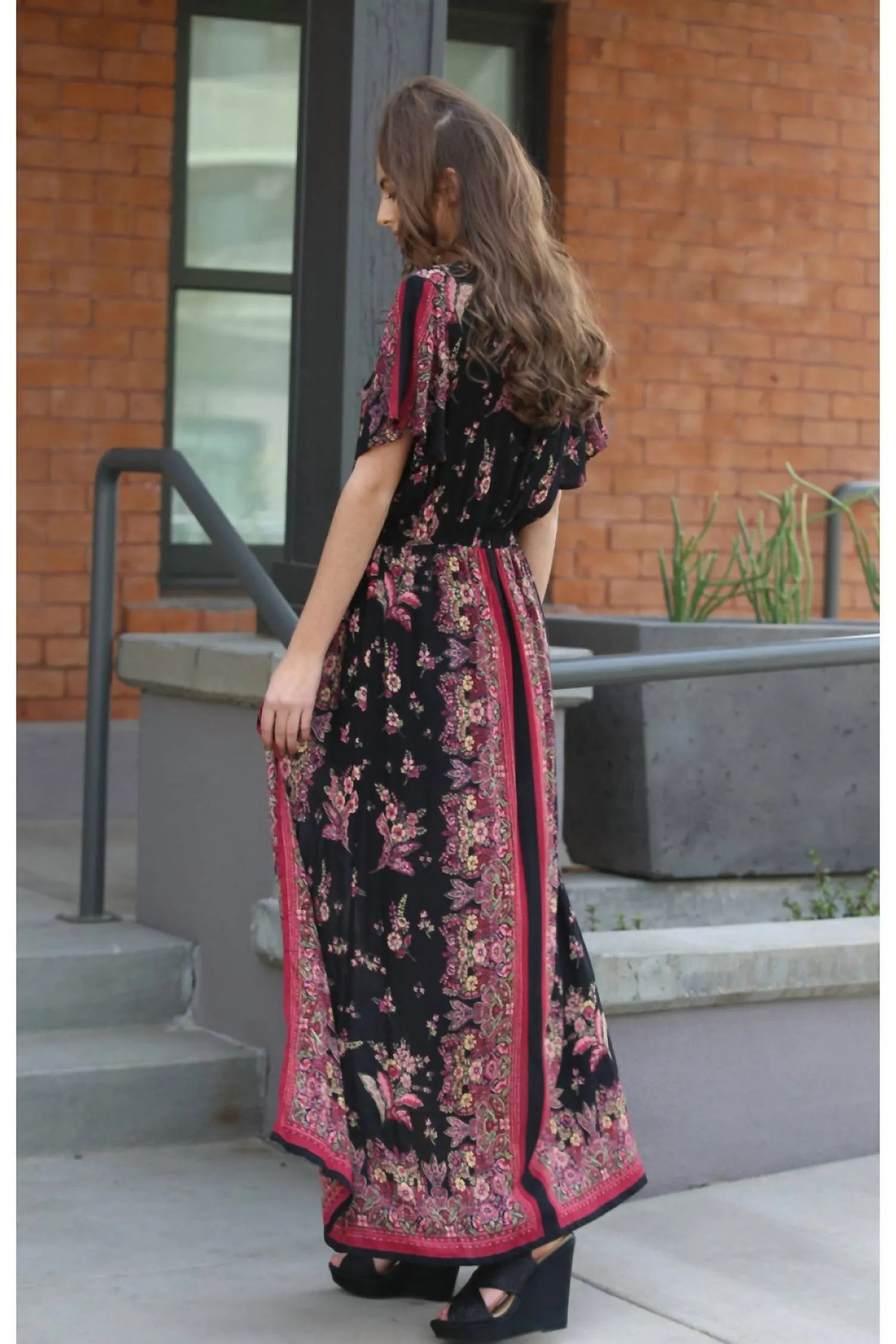 Border & Floral Print Maxi Romper In Black