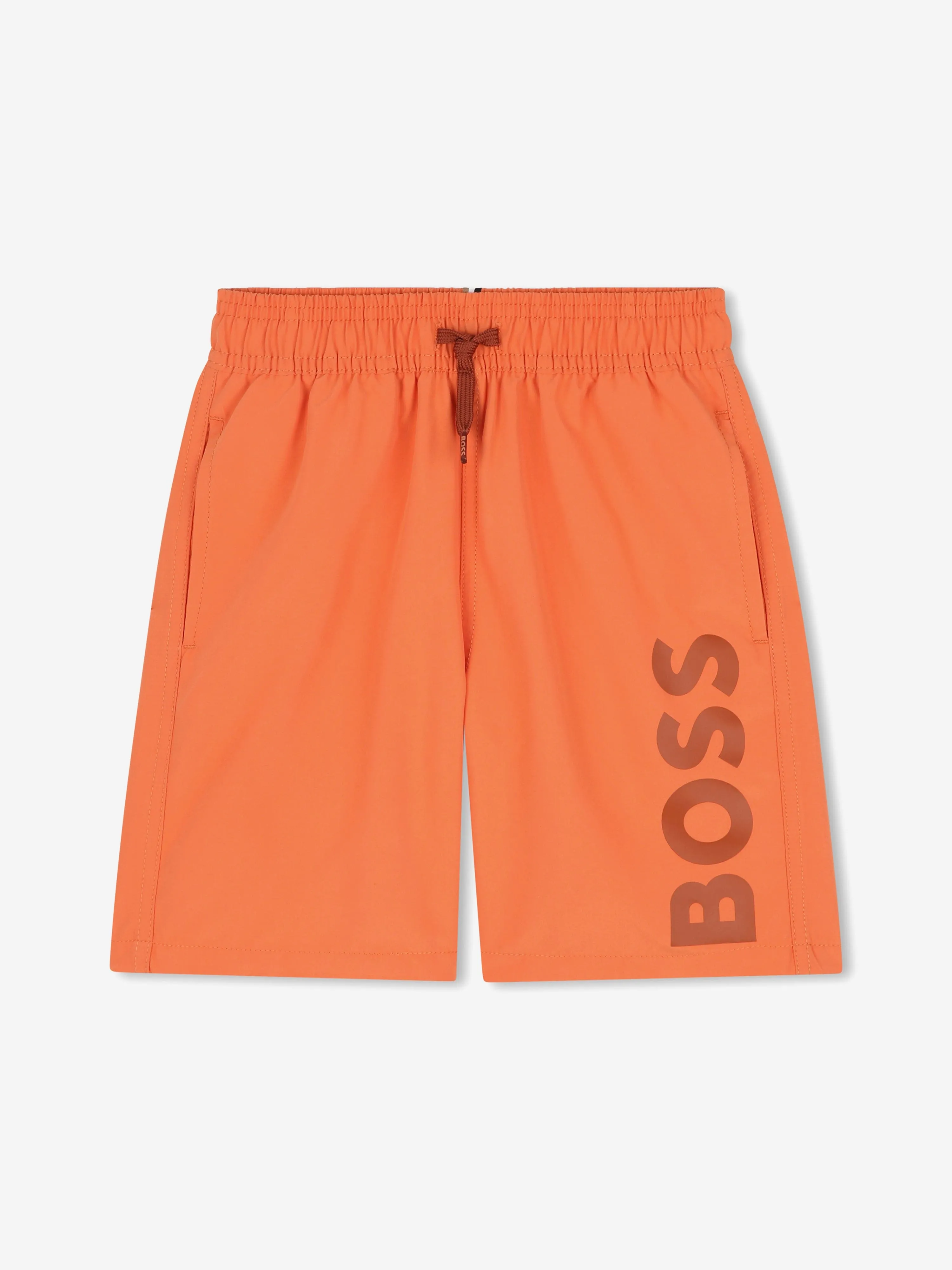 BOSS Boys Logo Print Swim Shorts in Orange