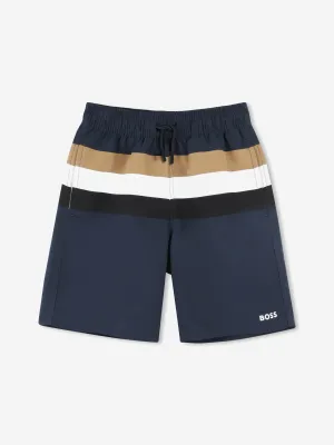 BOSS Boys Striped Swim Shorts in Navy
