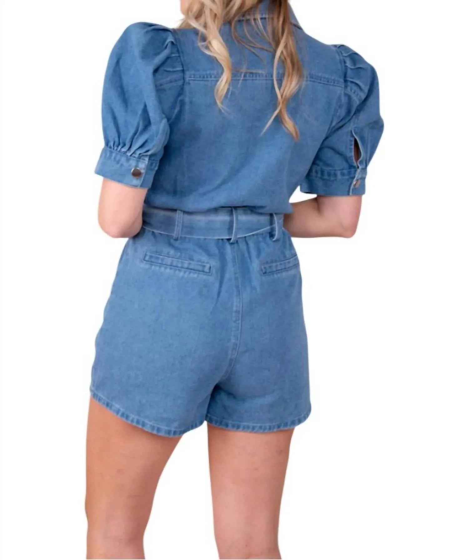 Bubble Short Sleeve Romper In Denim