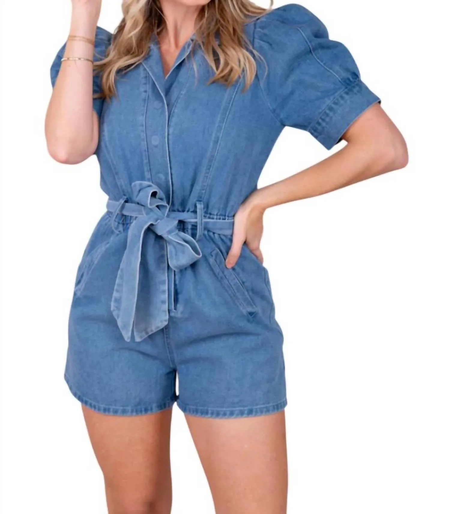 Bubble Short Sleeve Romper In Denim