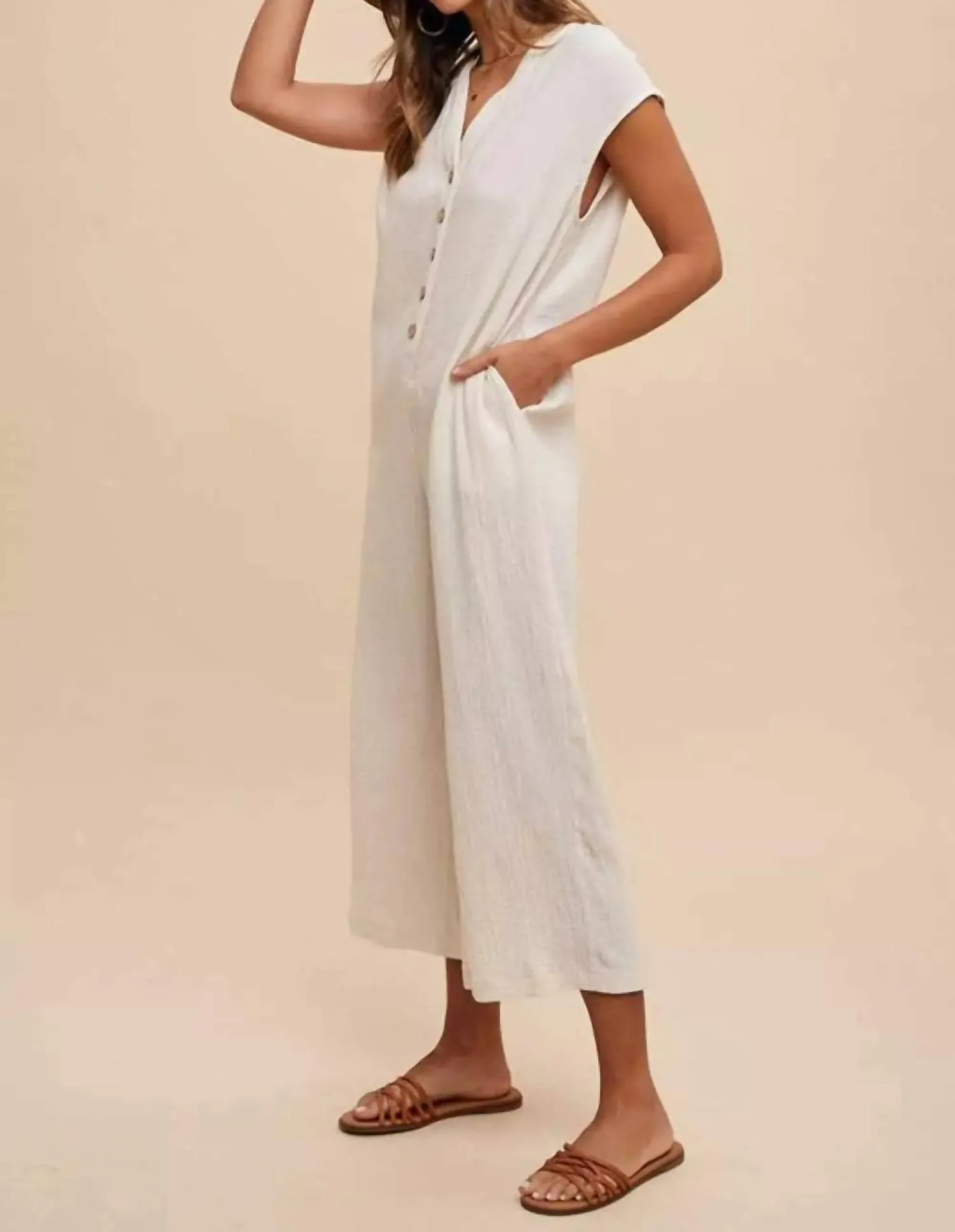 Button Down Jumpsuit In Cream