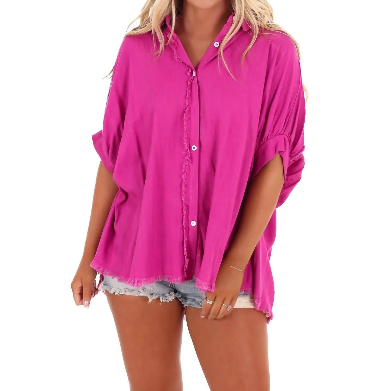 Casual Stroll Linen Top In Magenta