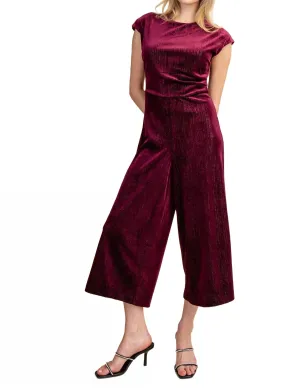 Claudine Round Neck Waist Pleats Velvet Jumpsuit In Plum