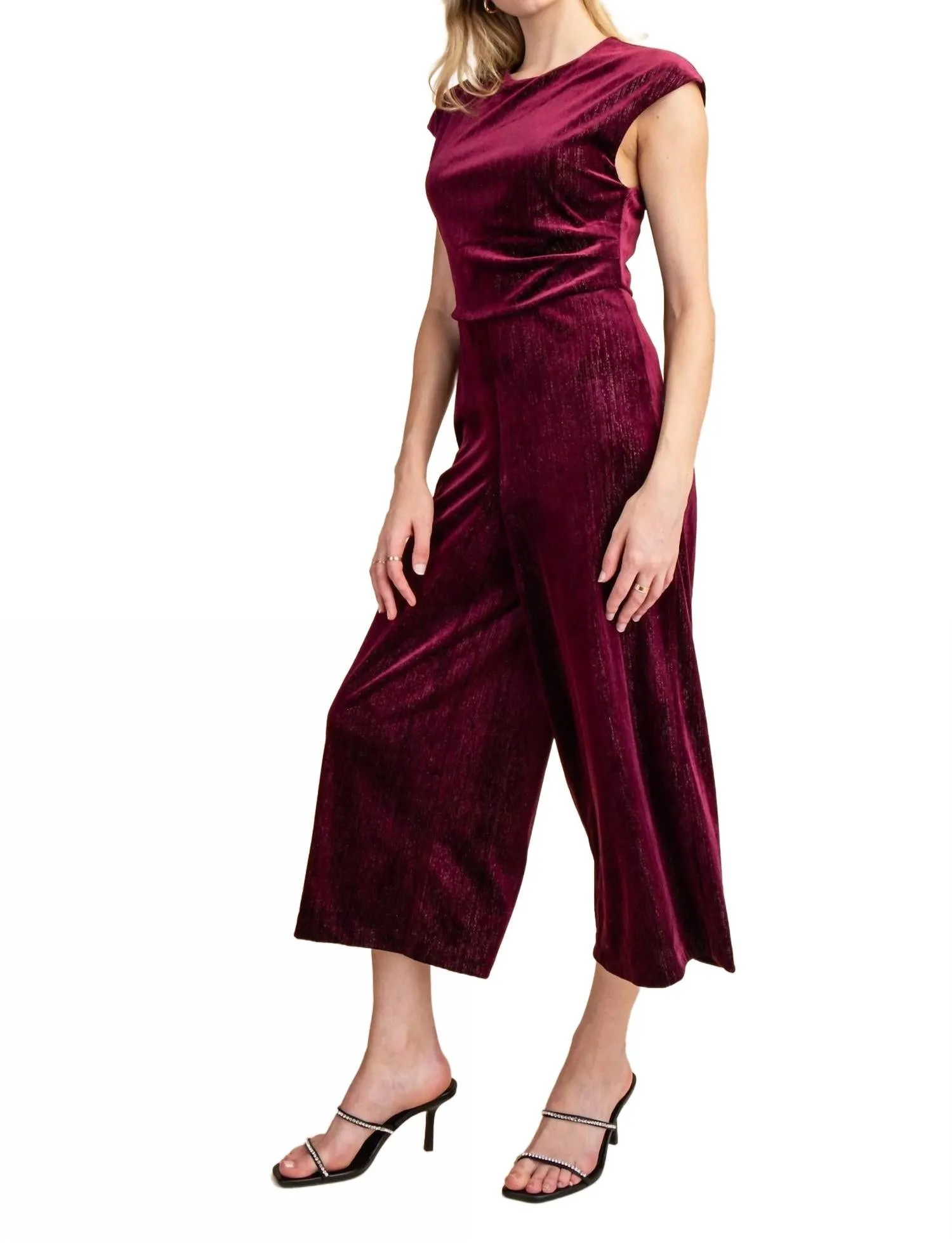 Claudine Round Neck Waist Pleats Velvet Jumpsuit In Plum