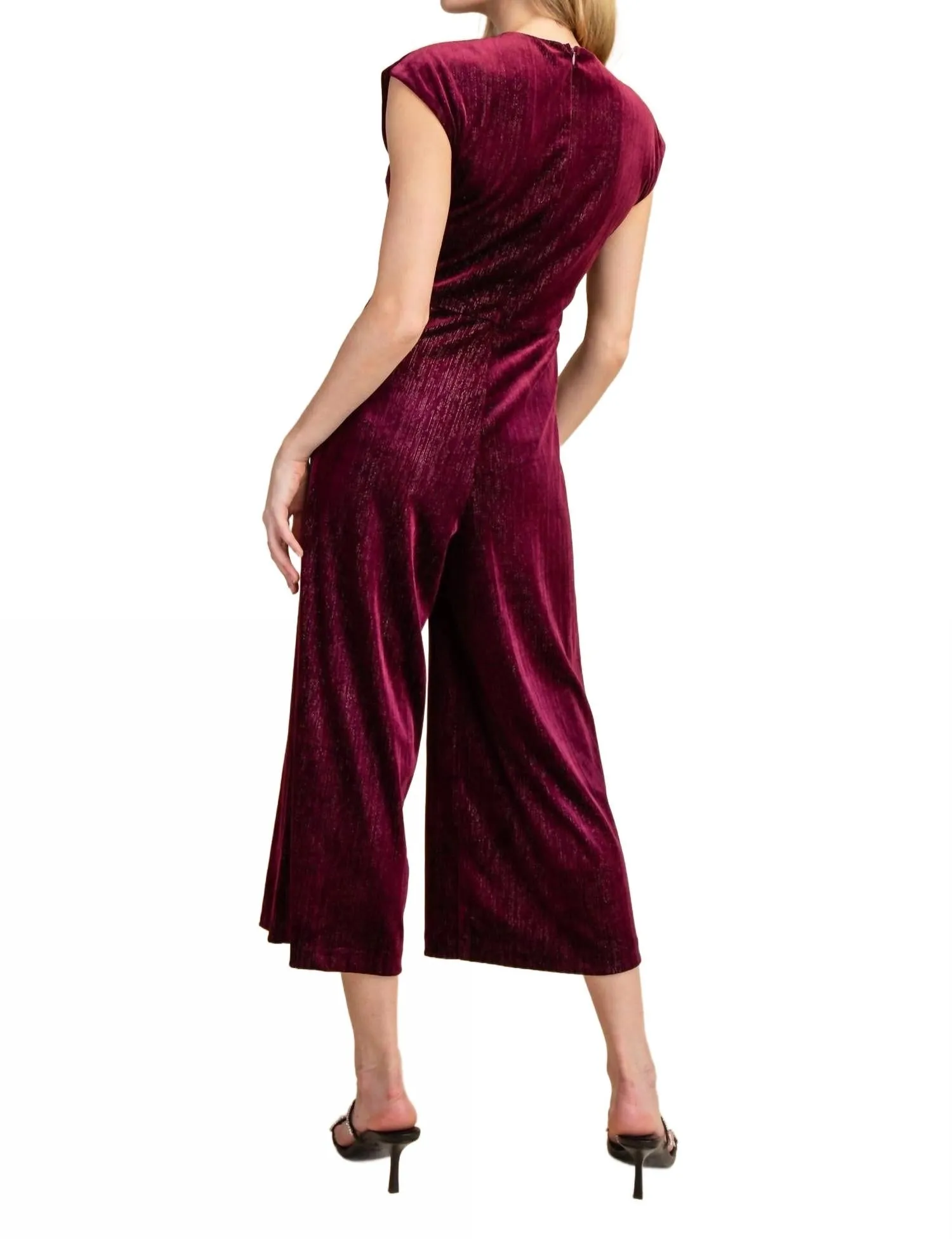 Claudine Round Neck Waist Pleats Velvet Jumpsuit In Plum