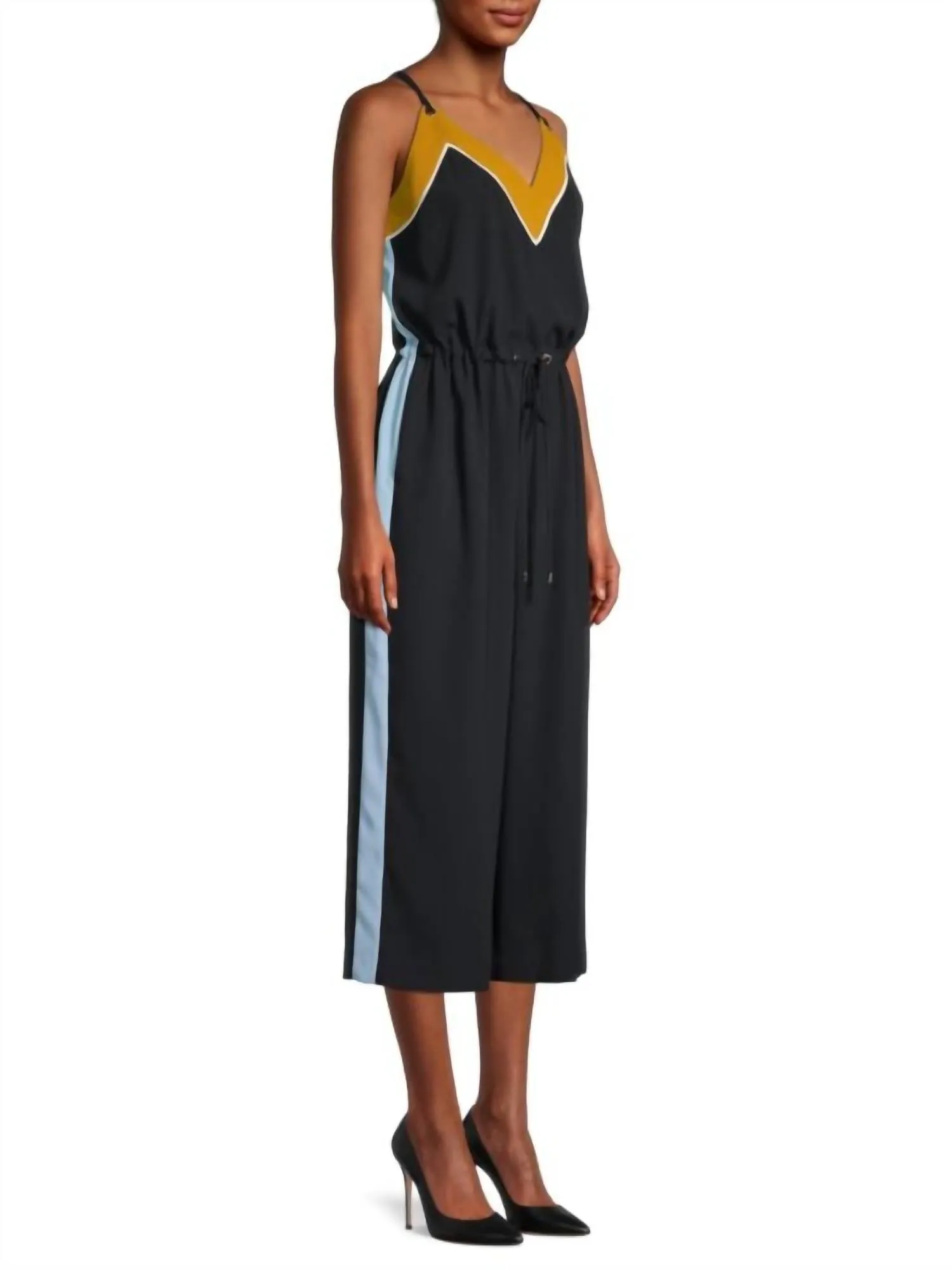 Darvva V-Neckline Drawstrings Cotton Sleeveless Jumpsuit In Black