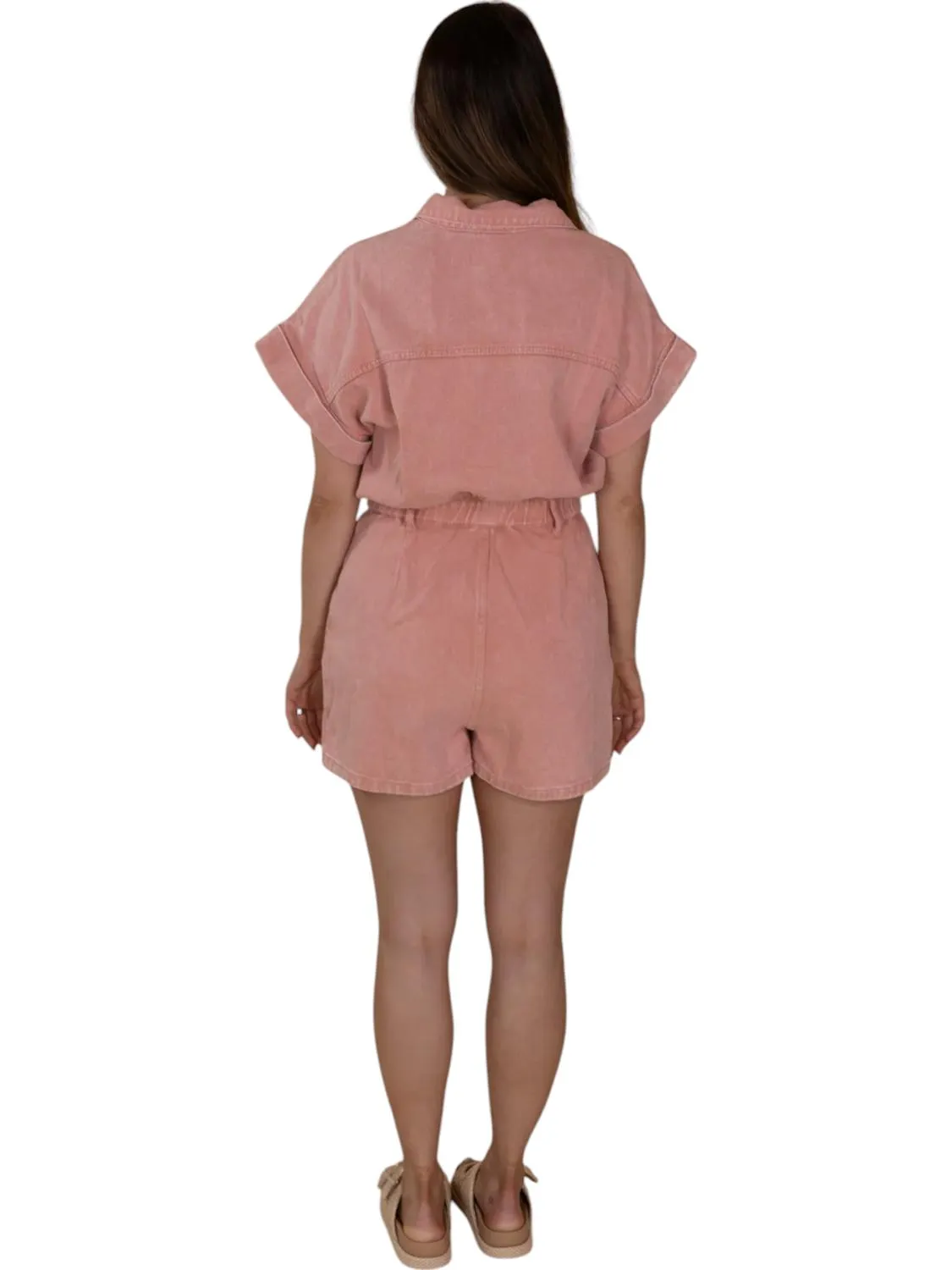 Elise Denim Romper In Pink