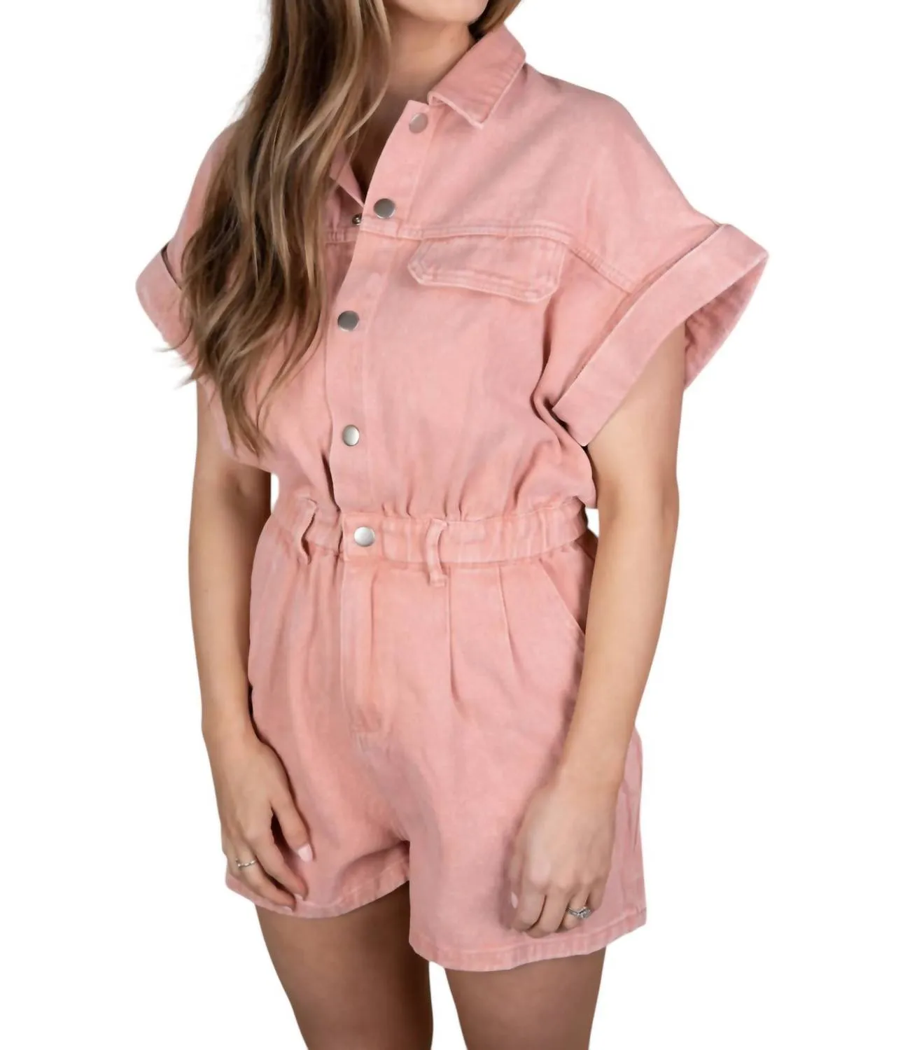 Elise Denim Romper In Pink