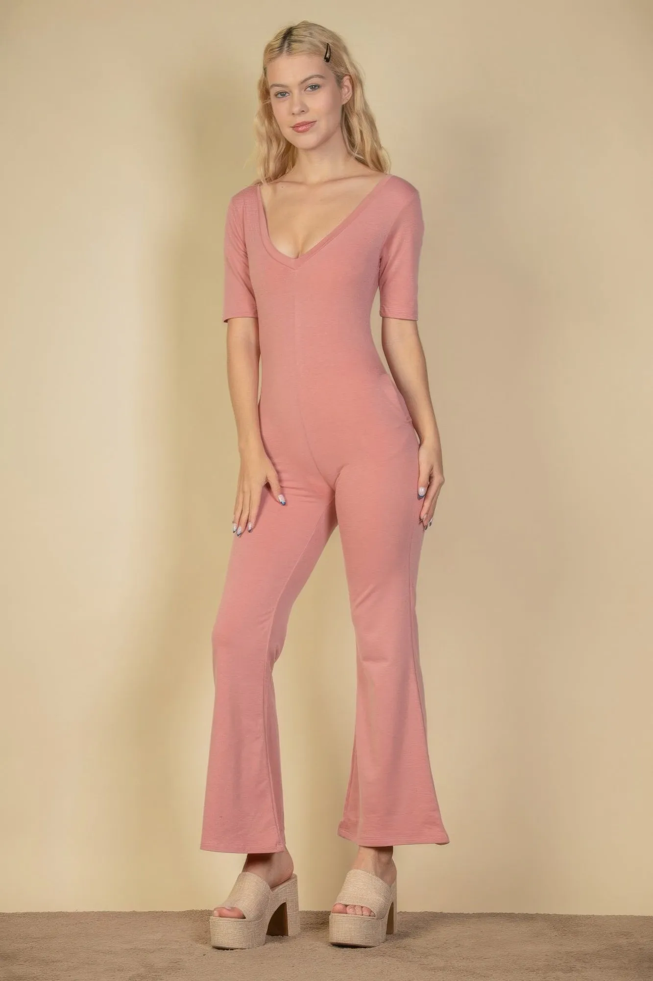 FASHNZFAB Women's French Terry Short Sleeve Flare Jumpsuit