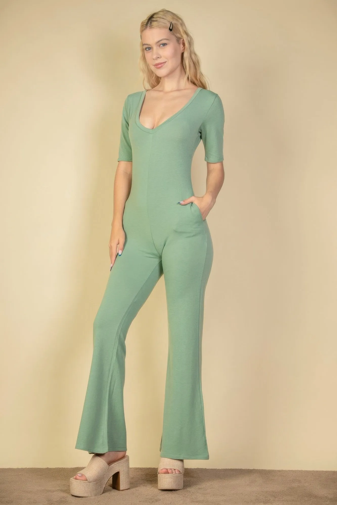 FASHNZFAB Women's French Terry Short Sleeve Flare Jumpsuit