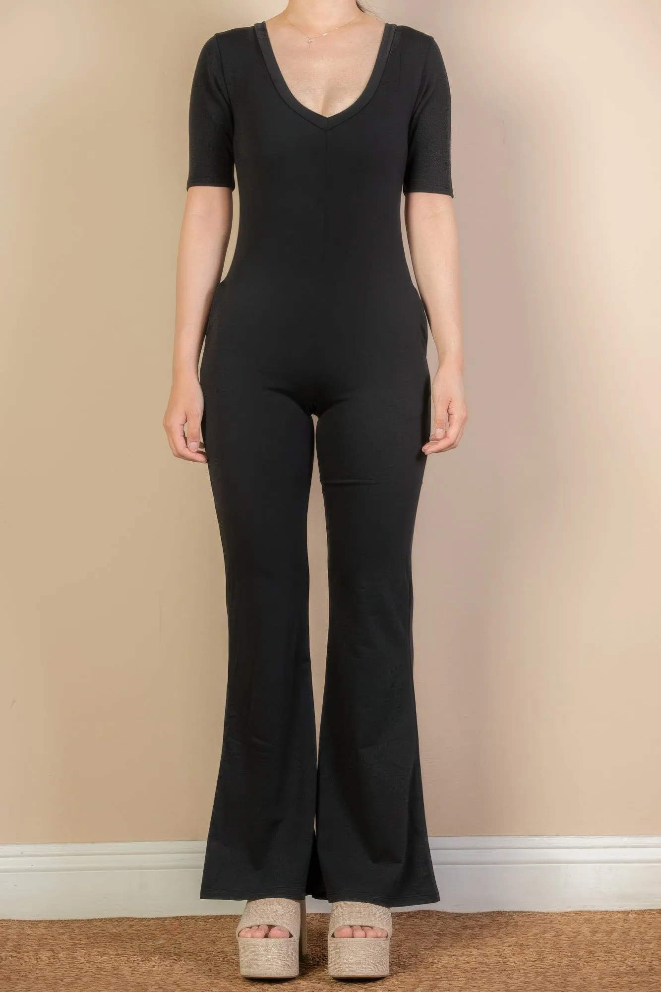 FASHNZFAB Women's French Terry Short Sleeve Flare Jumpsuit