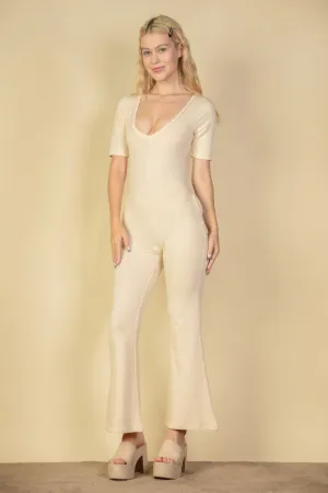 FASHNZFAB Women's French Terry Short Sleeve Flare Jumpsuit