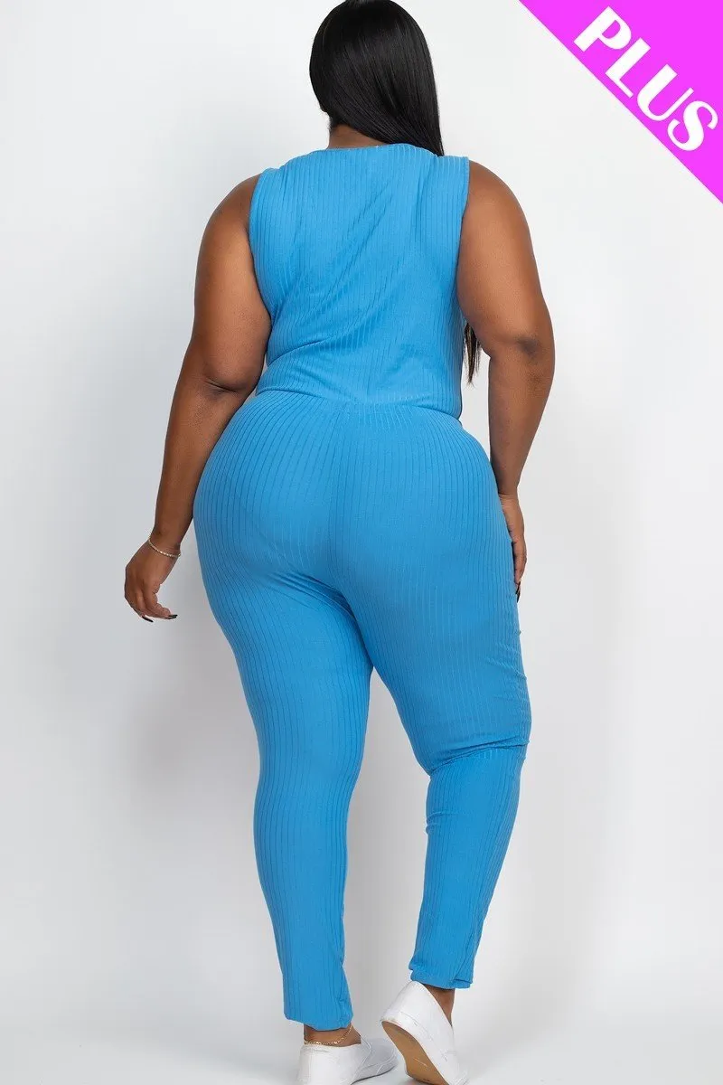 FASHNZFAB Women's Plus Ribbed Sleeveless Drawstring Jumpsuit