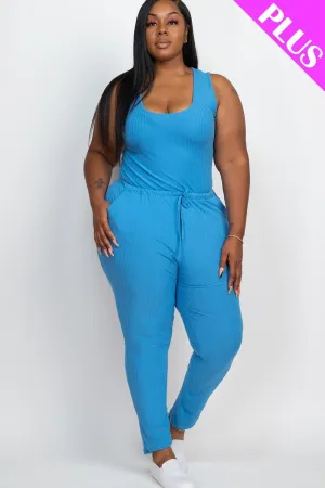 FASHNZFAB Women's Plus Ribbed Sleeveless Drawstring Jumpsuit