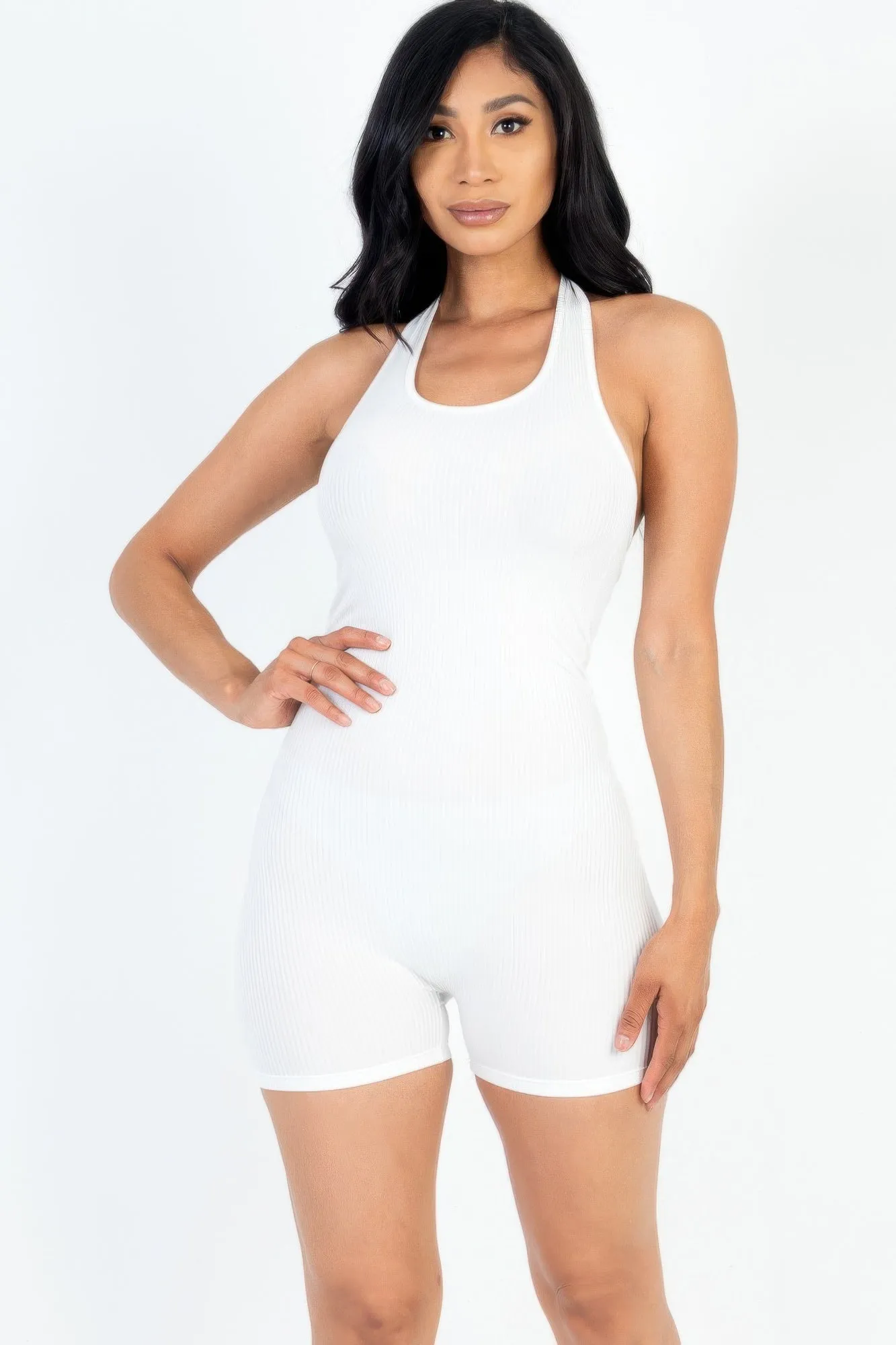 FASHNZFAB Women's Ribbed Halter Neck Backless Romper