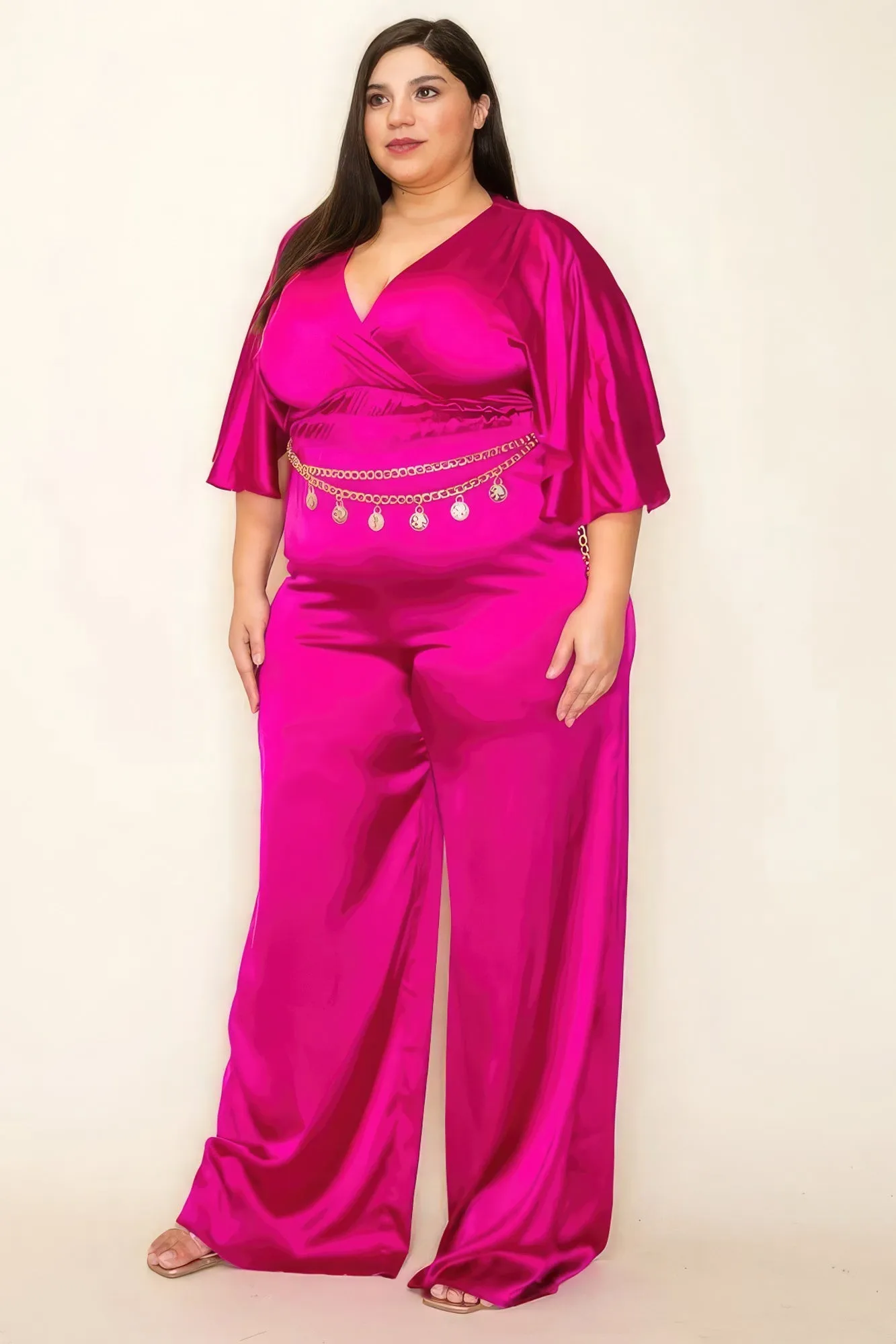 FASHNZFAB Women's Satin Wrap Front Short Sleeve Smocked Waist Jumpsuit