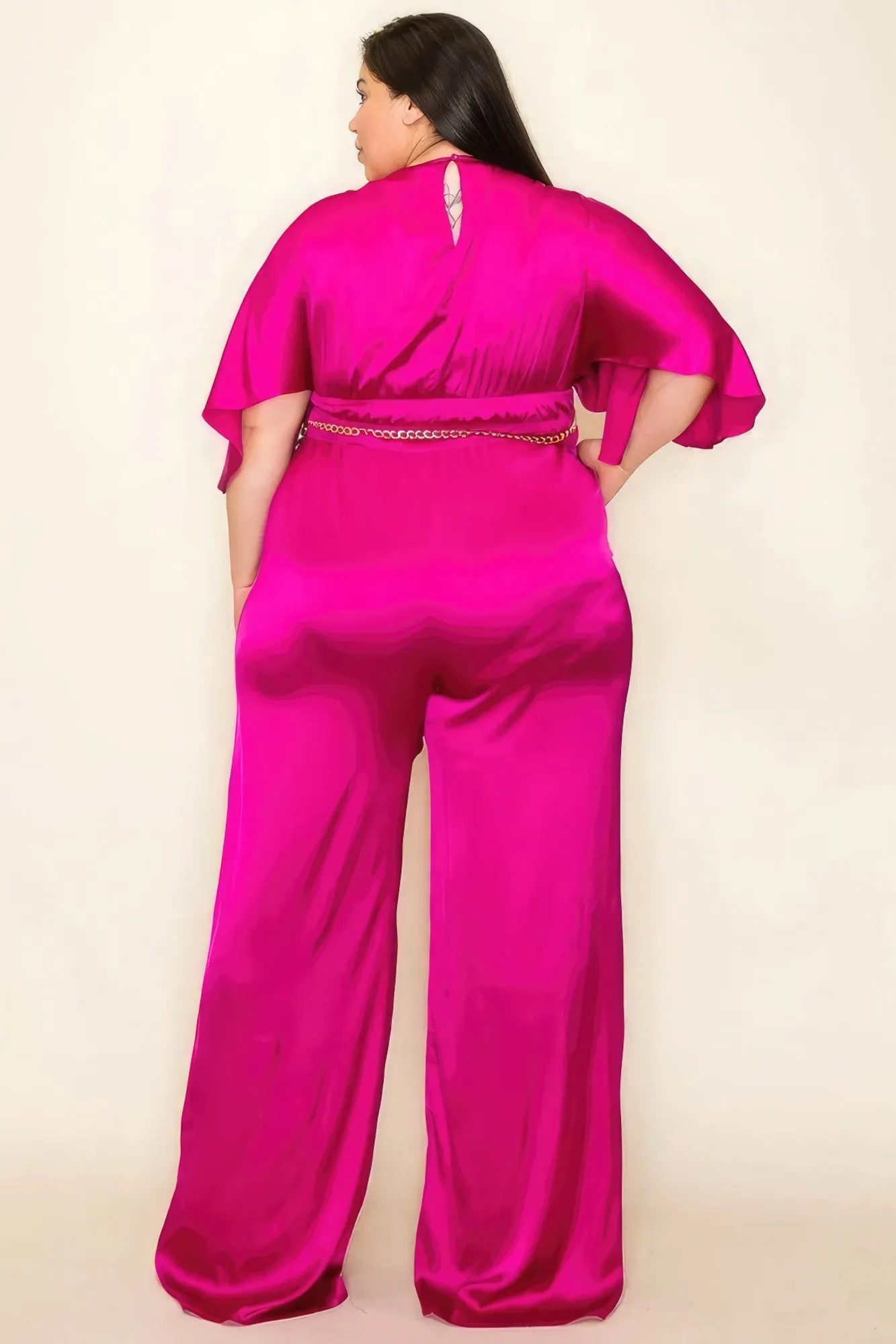 FASHNZFAB Women's Satin Wrap Front Short Sleeve Smocked Waist Jumpsuit