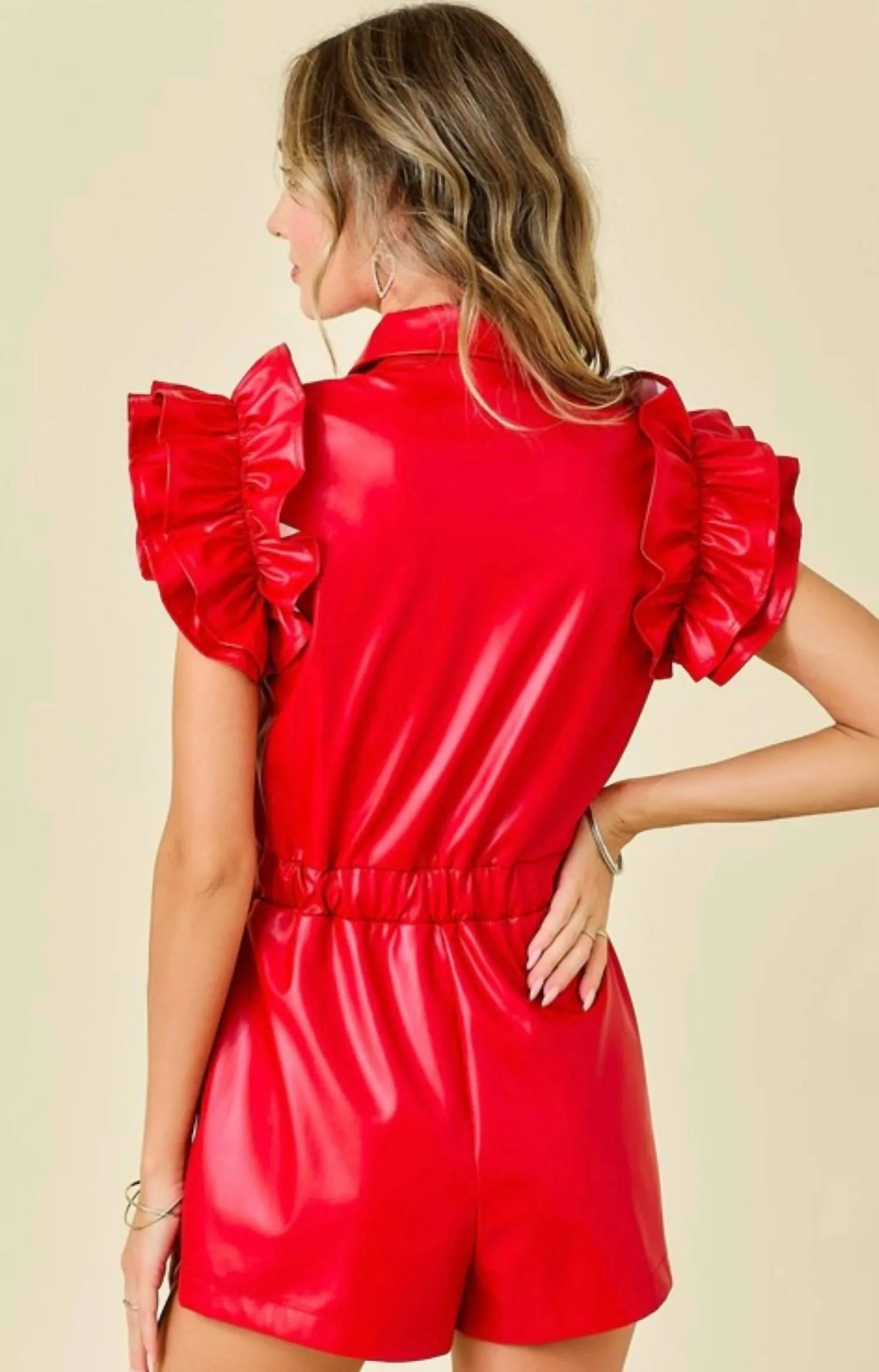 Faux Leather Button Down Romper With Ruffle Detail In Red
