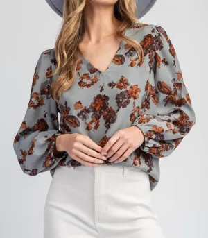Floral Printed Long Sleeve Blouse In Turkish Blue