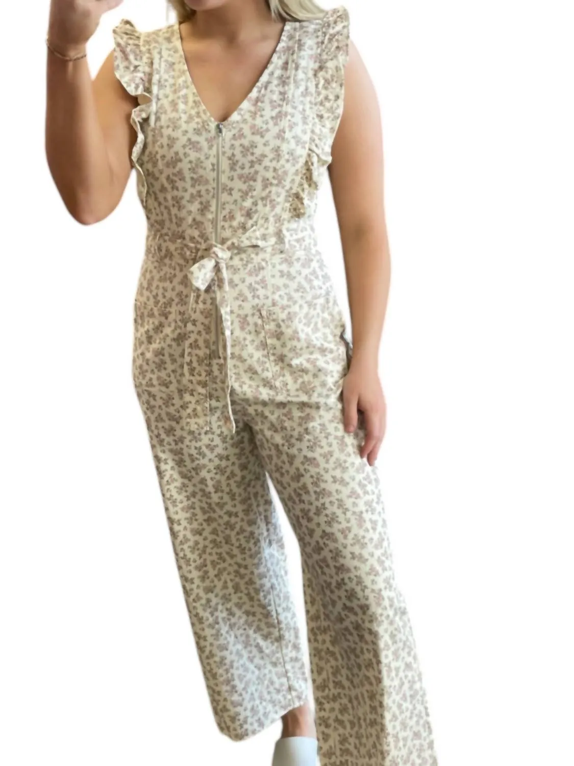 Floral Ruffle Jumpsuit In Cream/pink
