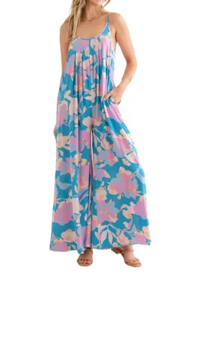 Floral Sleeveless Wide-Leg With Back Tie Jumpsuit In Navy