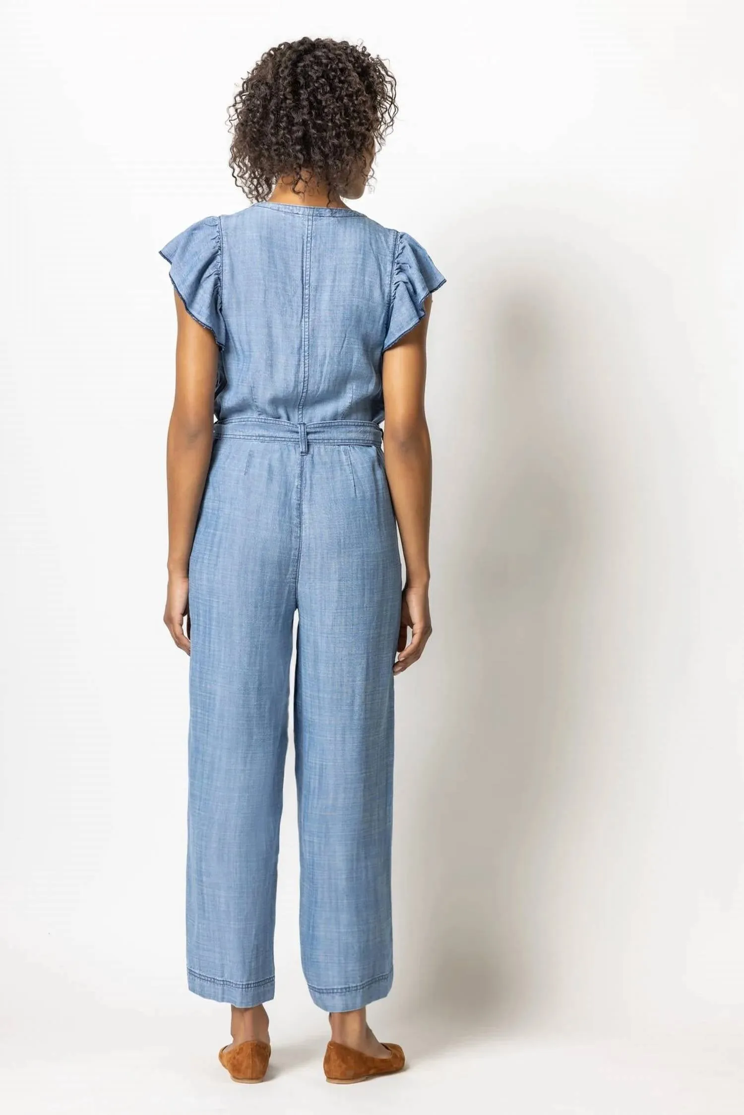 Flutter Sleeve Jumpsuit In Washed Chambray