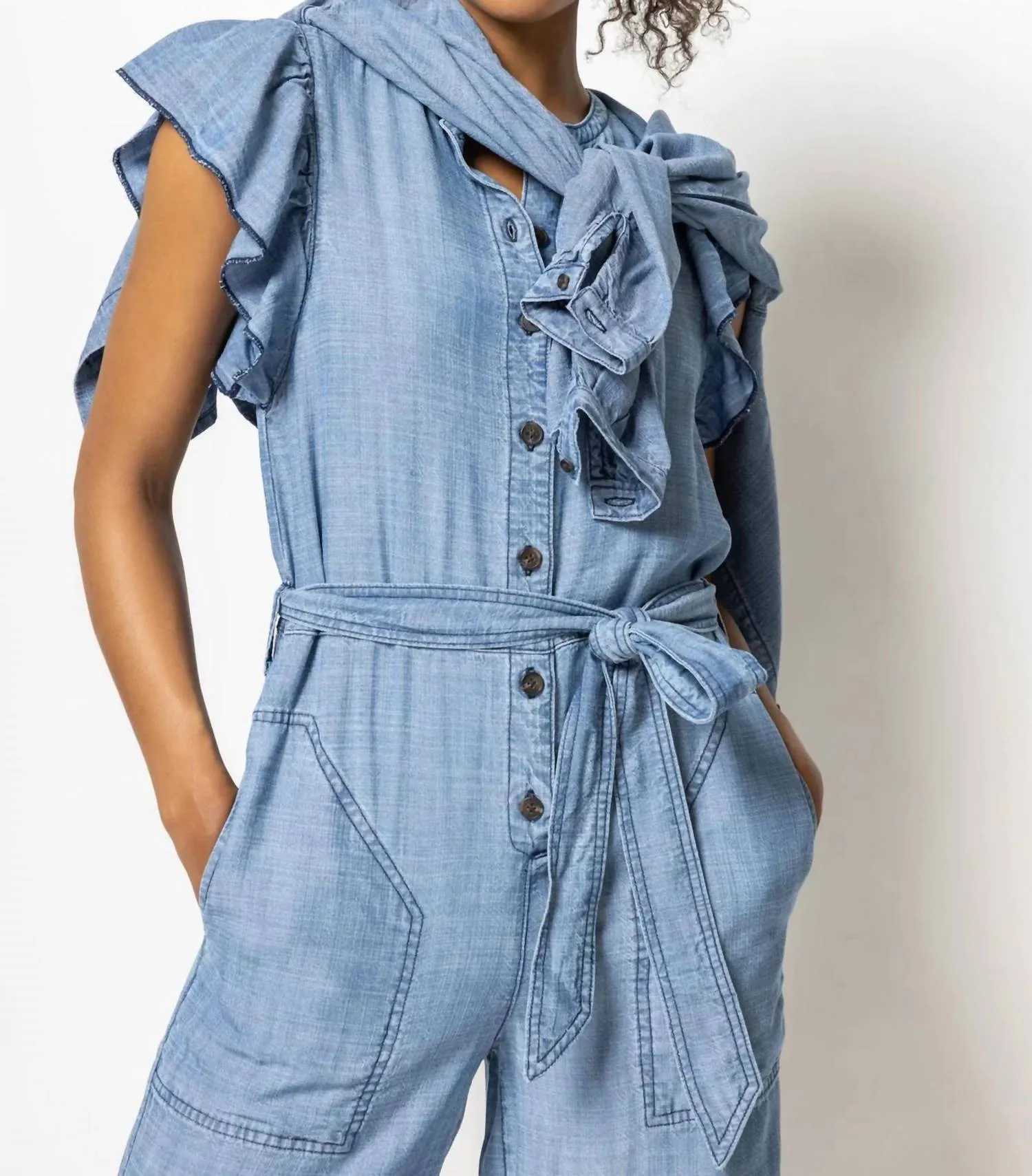 Flutter Sleeve Jumpsuit In Washed Chambray