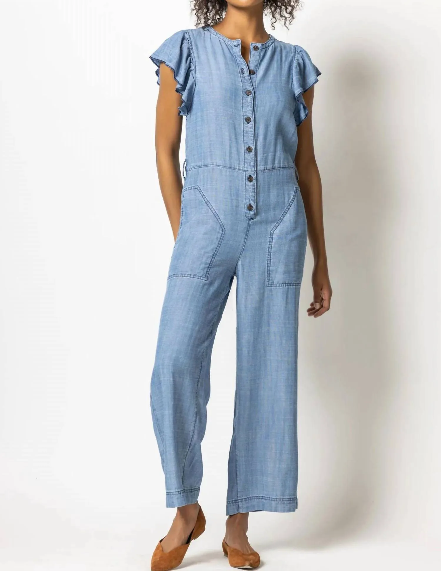 Flutter Sleeve Jumpsuit In Washed Chambray