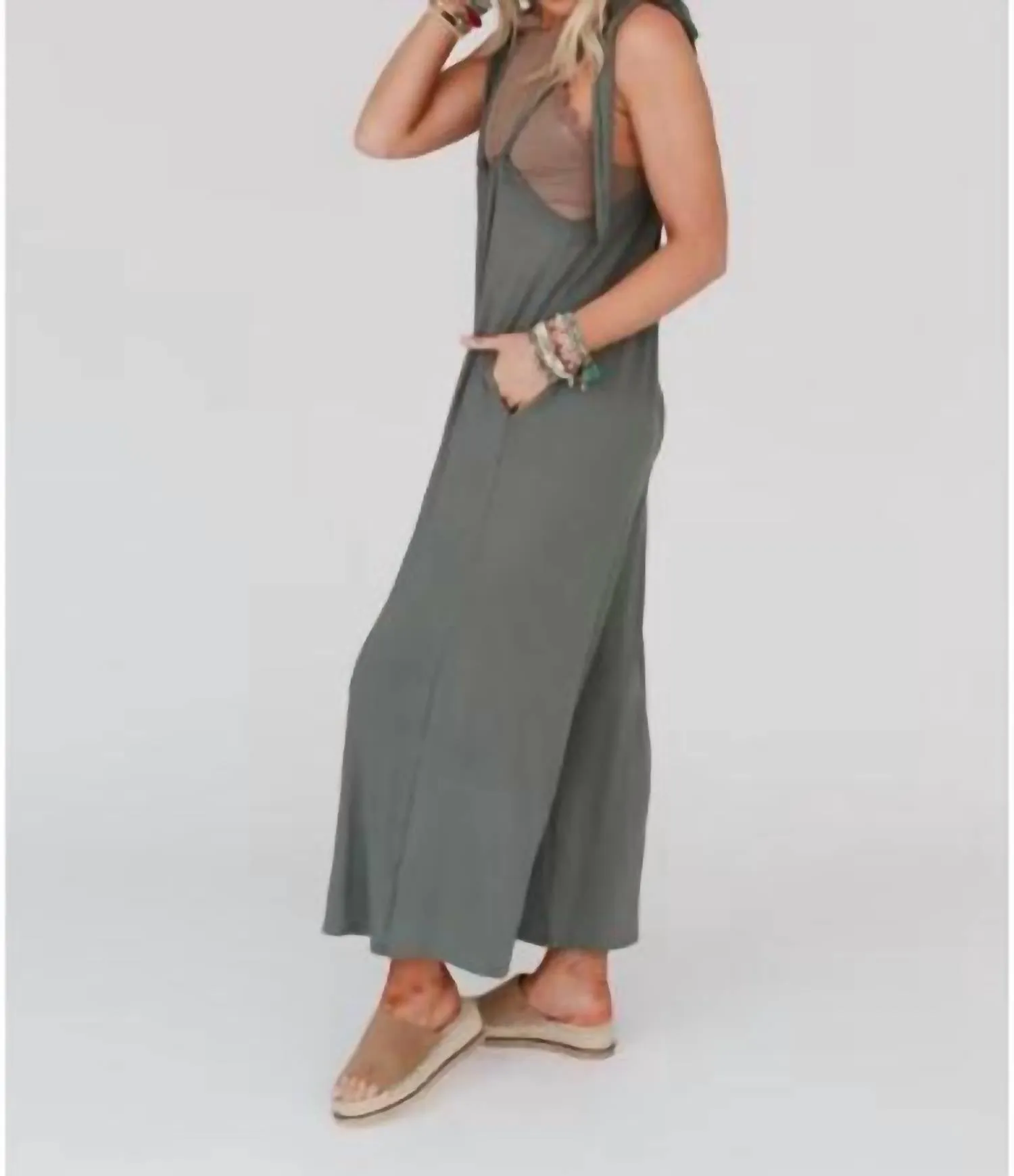Forever Relaxed Gathered Jumpsuit In Light Olive