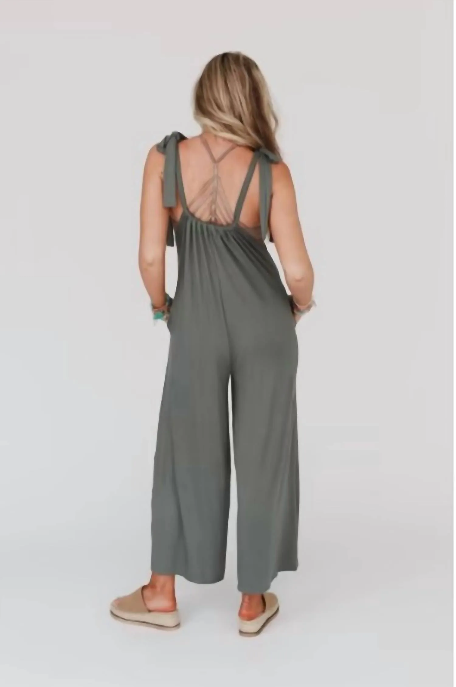 Forever Relaxed Gathered Jumpsuit In Light Olive
