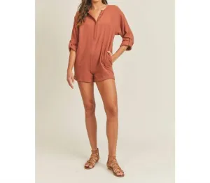 Front Snap Romper In Cinnamon