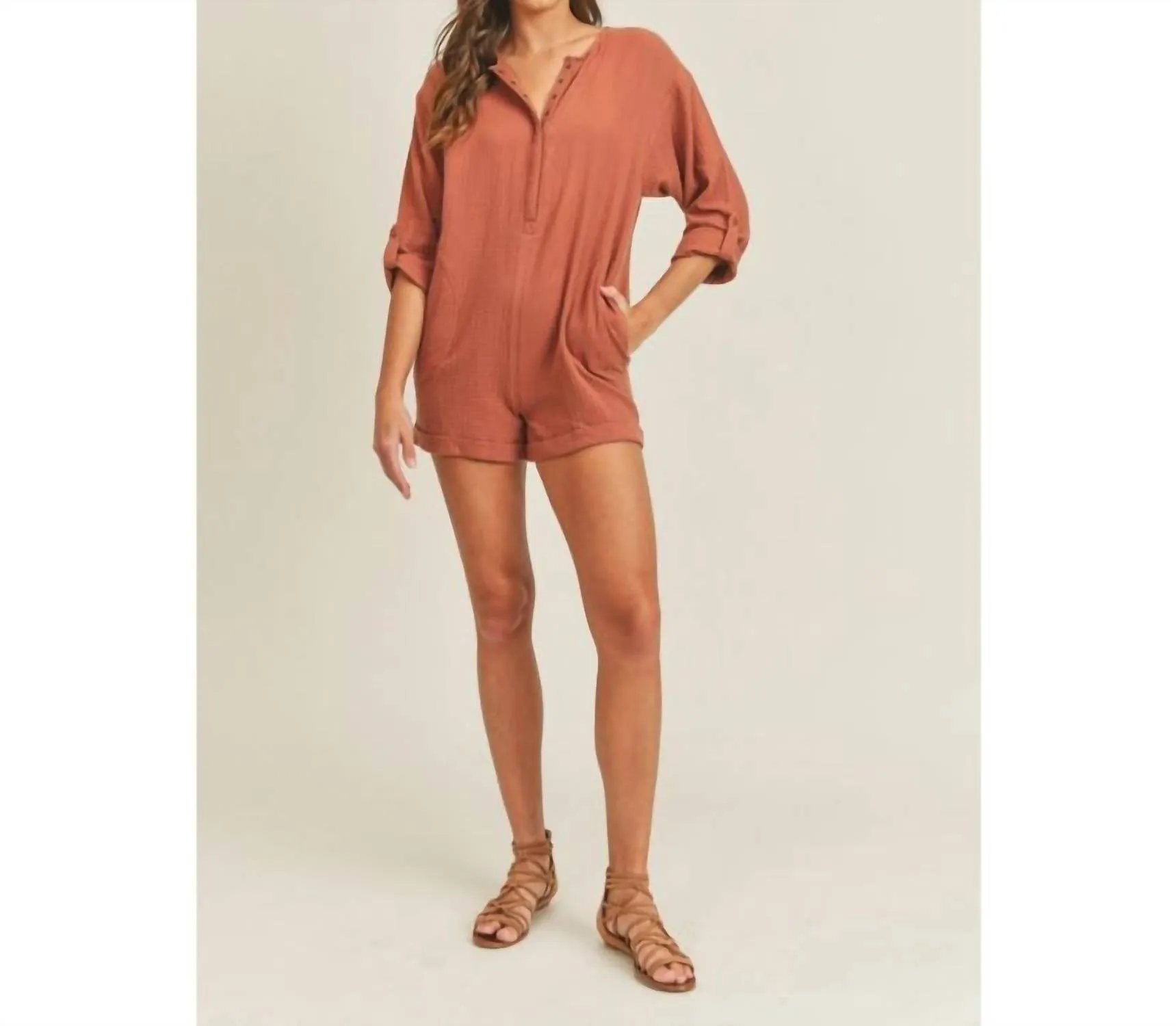 Front Snap Romper In Cinnamon