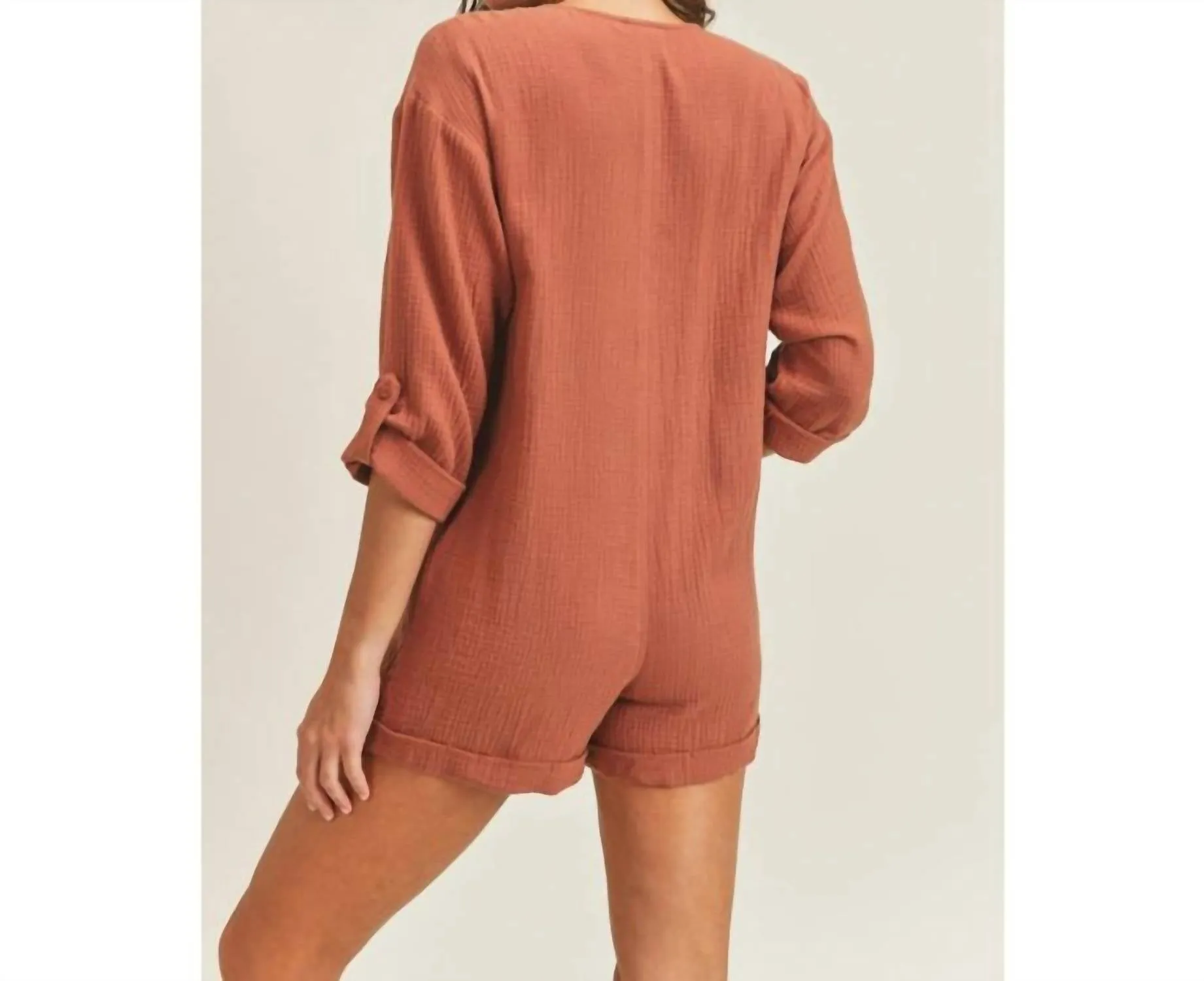 Front Snap Romper In Cinnamon