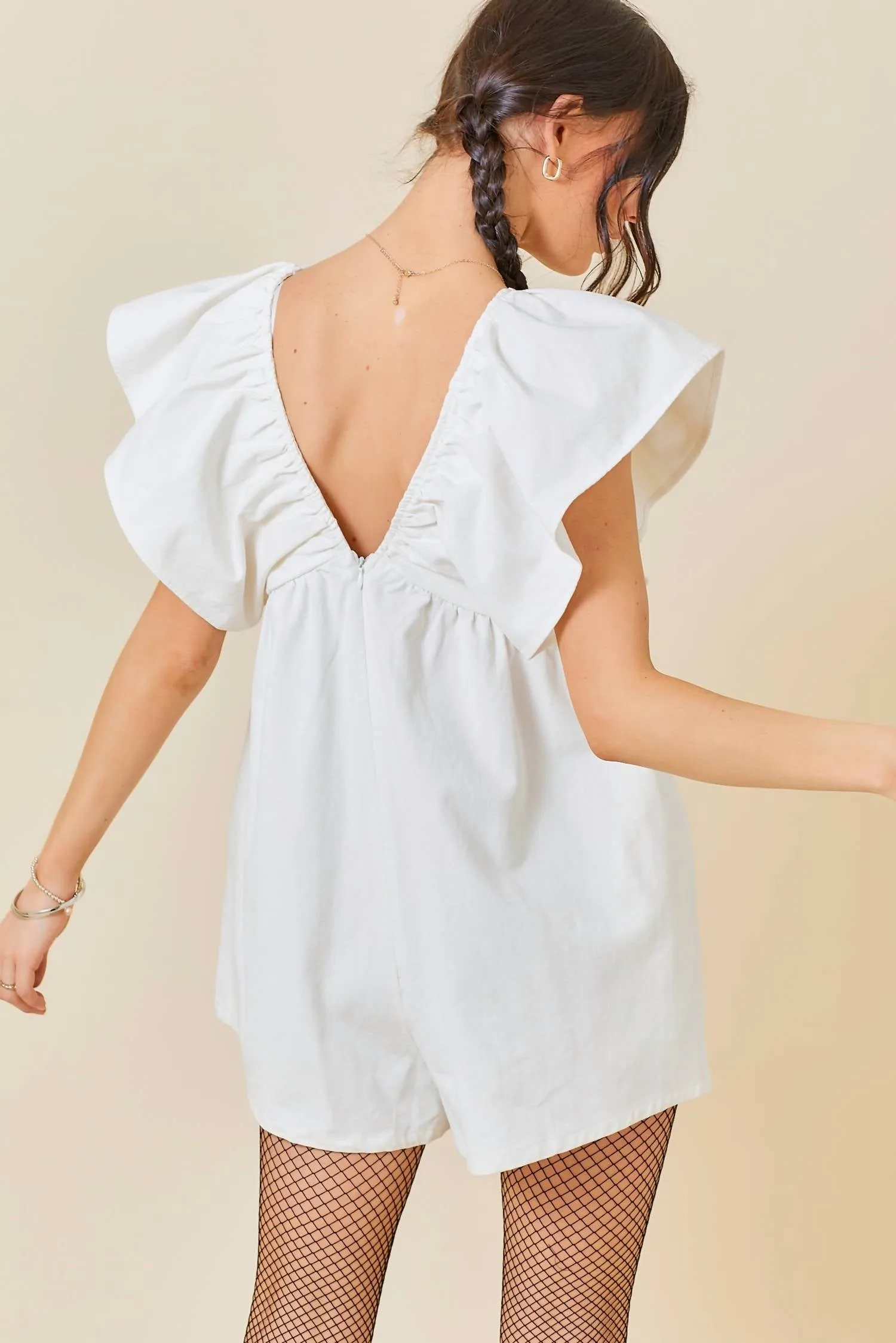 Game Day Ruffle Sleeve Romper In White