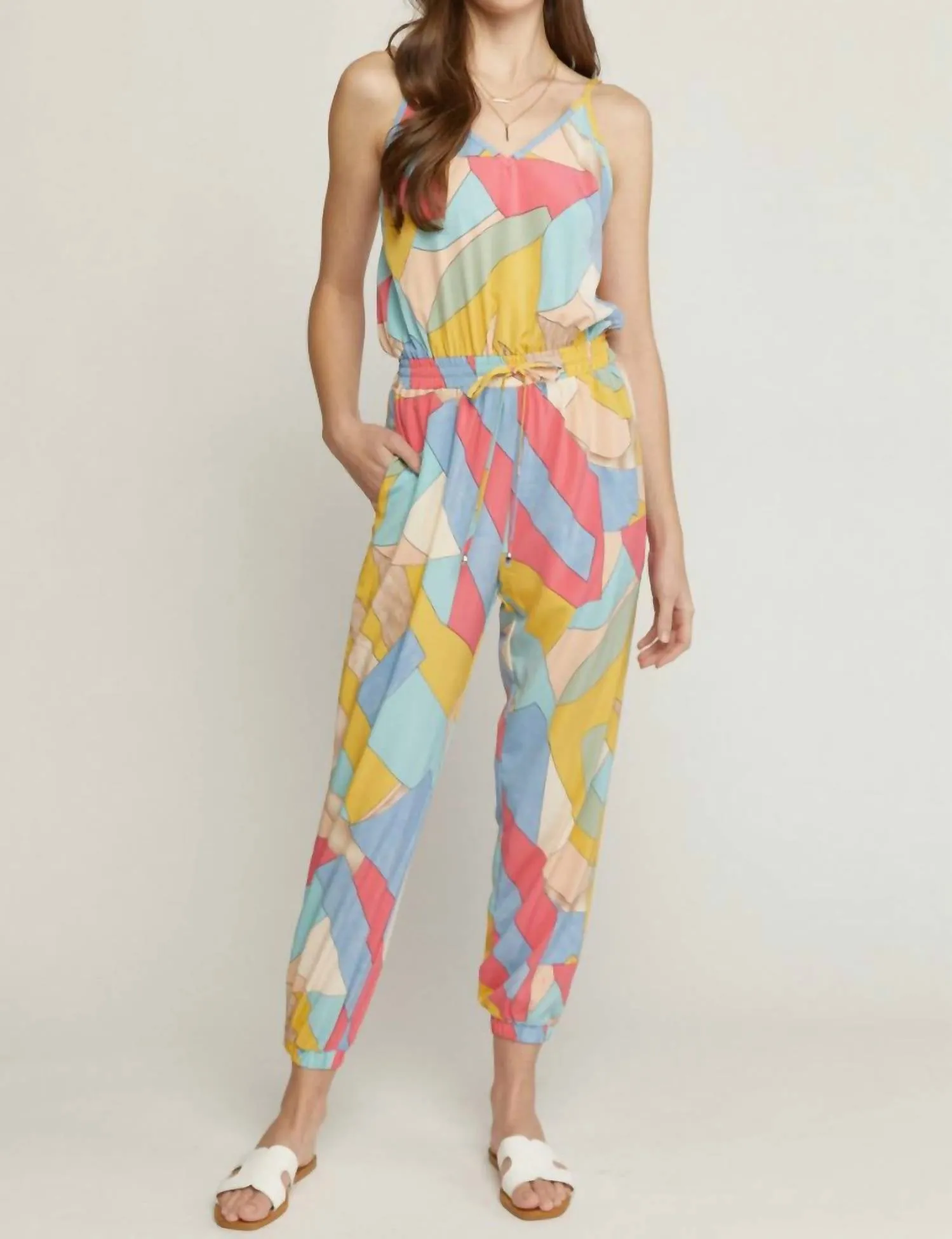 Geometric Print Tank Jogger Jumpsuit In Multi Color